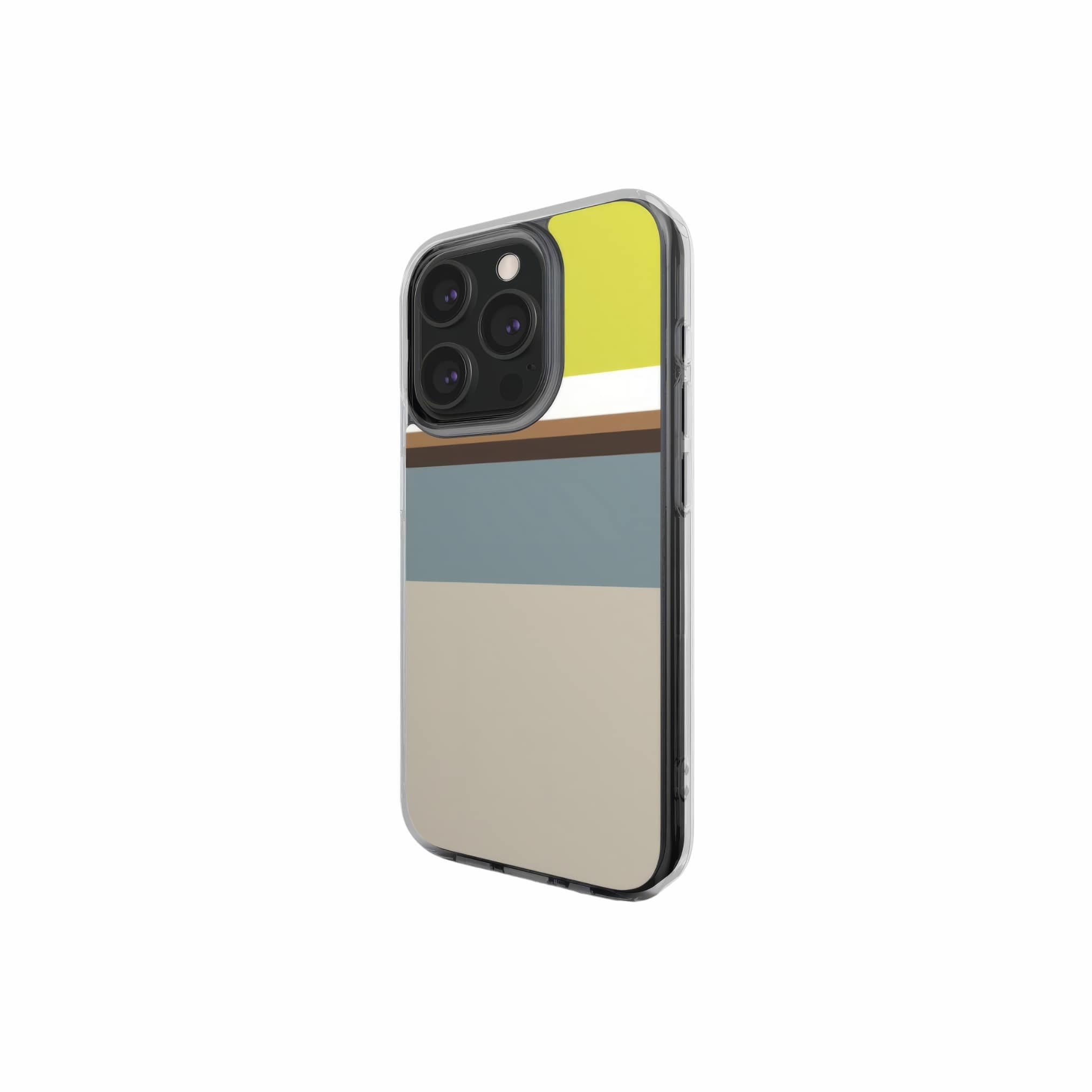 Clear phone case Color Blocks 5 pattern design with a color blocks, featuring an elegant and expressive aesthetic design. Main colors are caramel, chocolate brown, yellow and gray. Side view.
