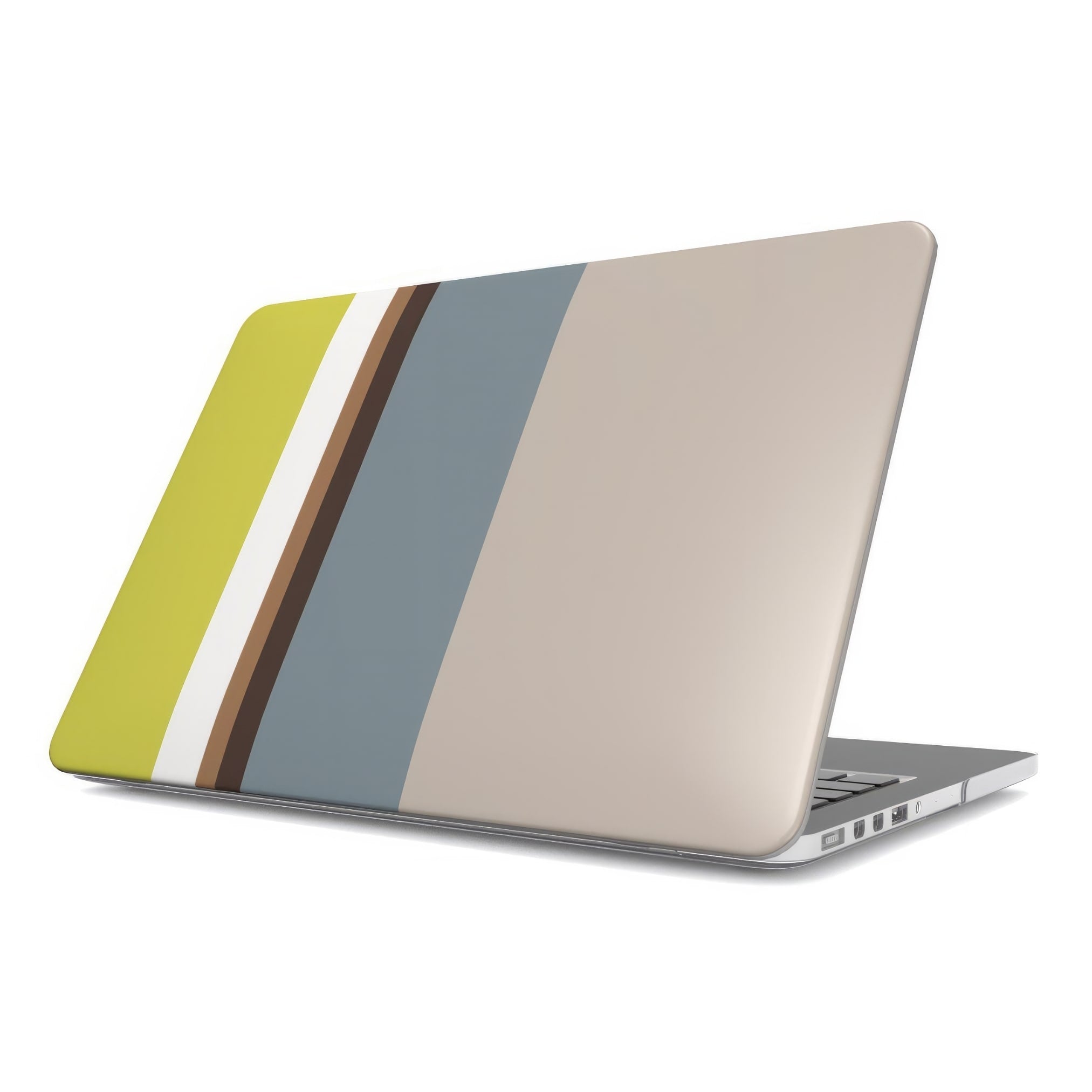 MacBook case Color Blocks 5 pattern design with a color blocks, featuring an elegant and expressive aesthetic design. Main colors are caramel, chocolate brown, yellow and gray. Front view.