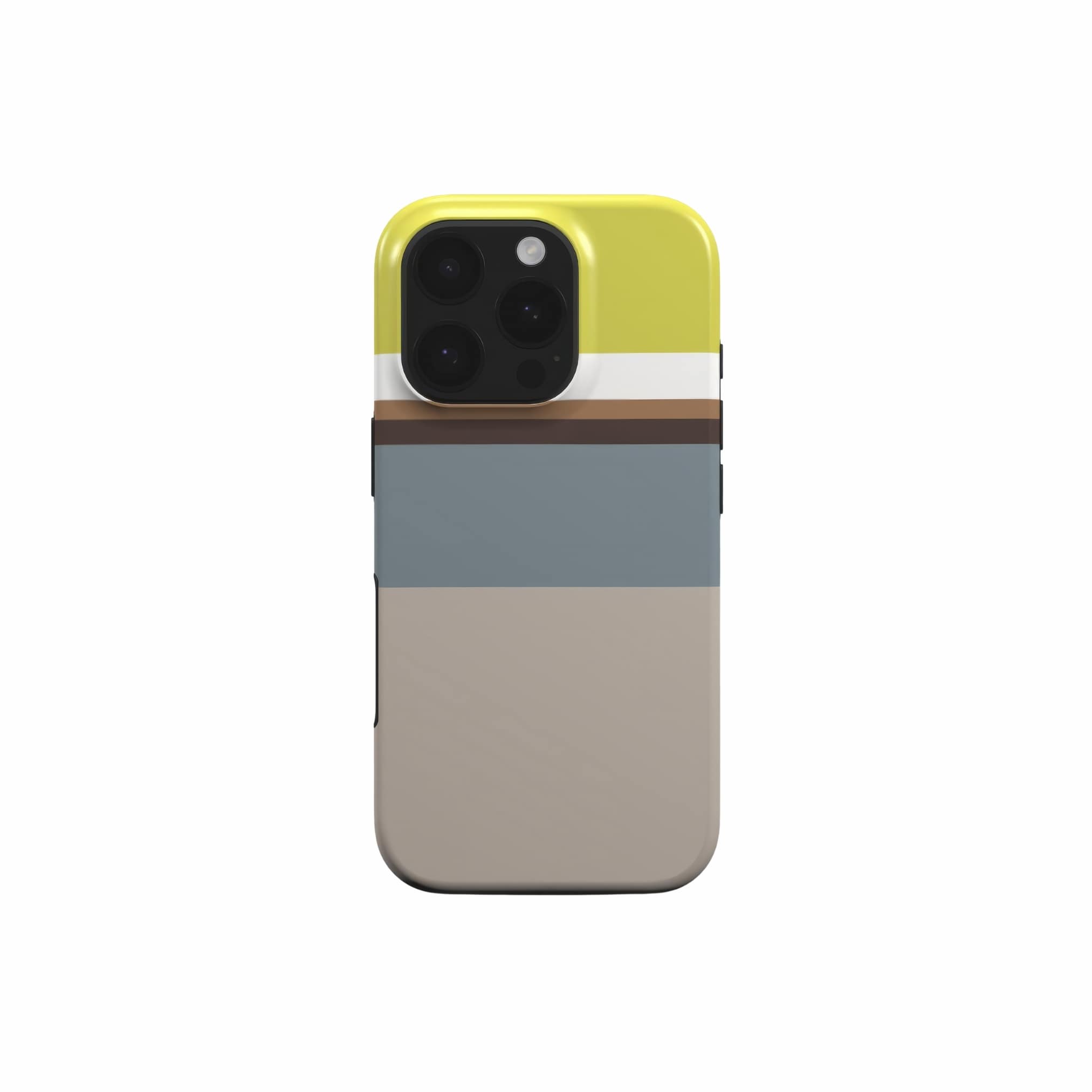 Tough phone case Color Blocks 5 pattern design with a color blocks, featuring an elegant and expressive aesthetic design. Main colors are caramel, chocolate brown, yellow and gray. Front view.
