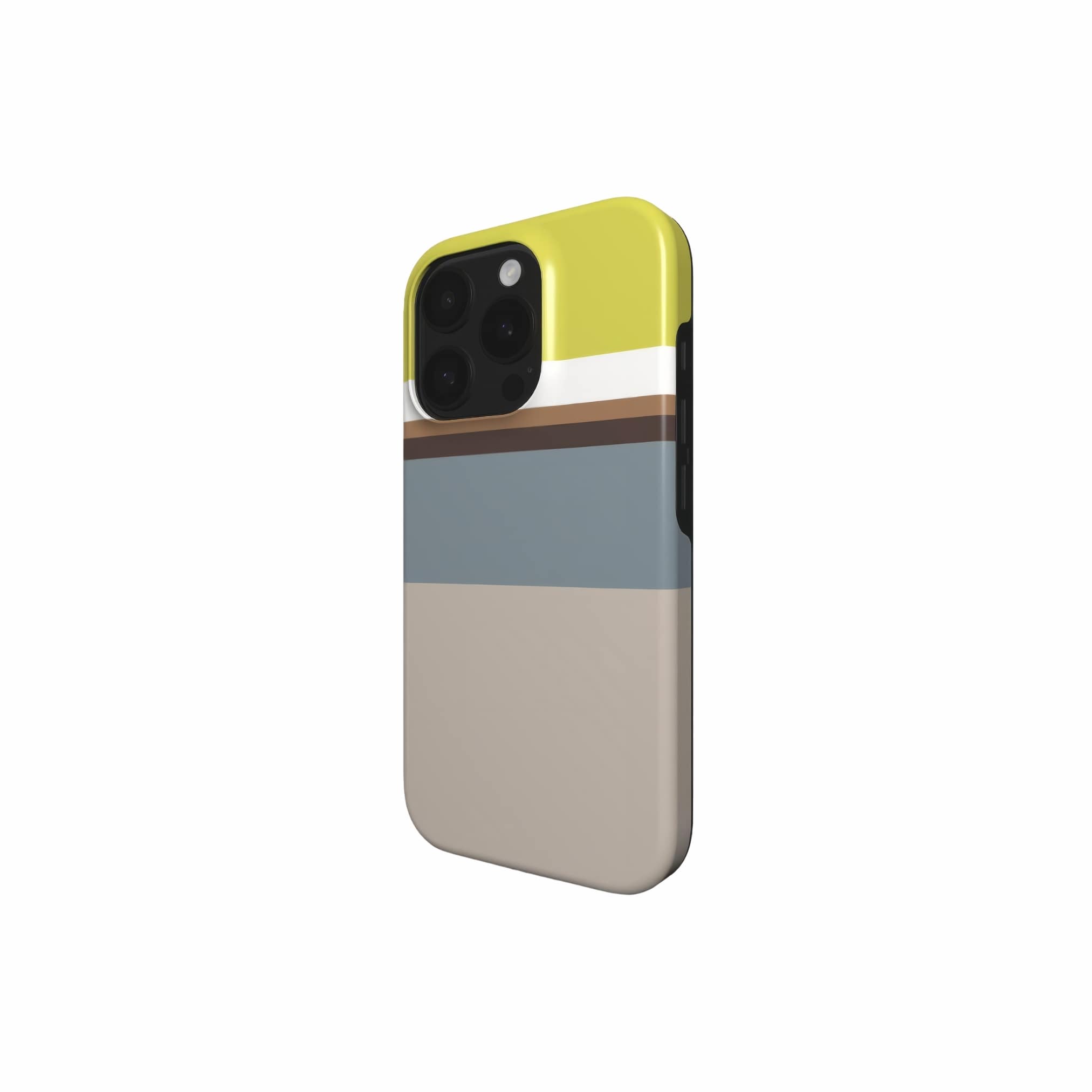 Tough phone case Color Blocks 5 pattern design with a color blocks, featuring an elegant and expressive aesthetic design. Main colors are caramel, chocolate brown, yellow and gray. Side view.