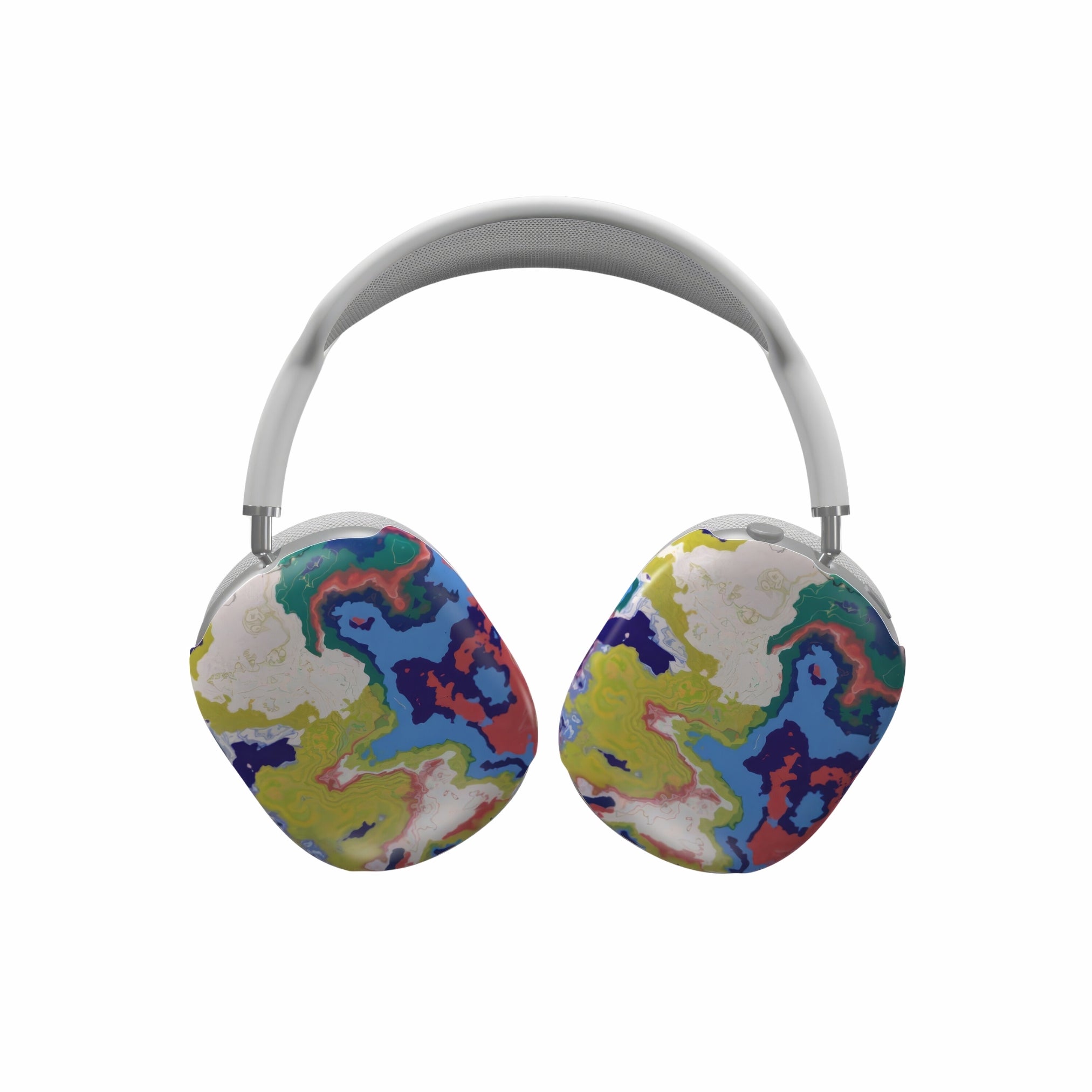 AirPods Max tough case front view; Jamaica 1 pattern, artistic, abstract marble pattern. Dark blue, yellow and white color combination.