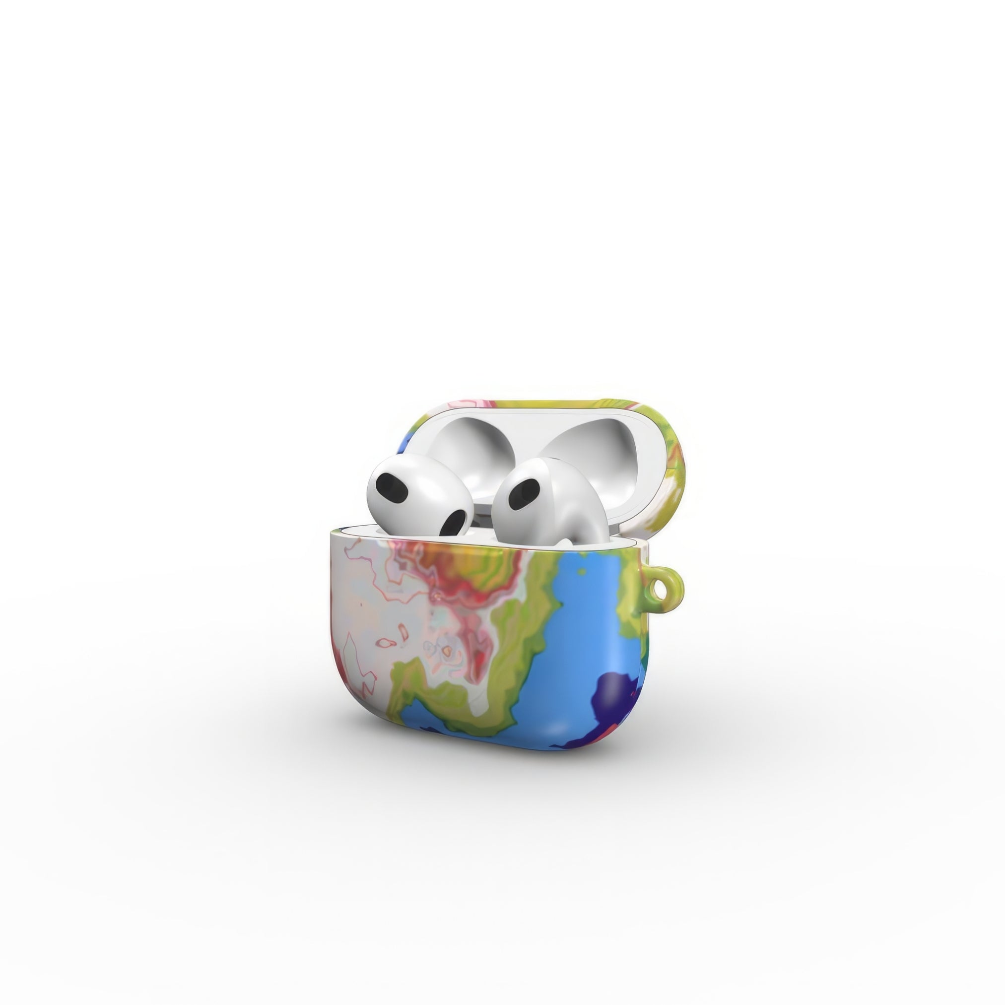 AirPods 3 tough case side open view; Jamaica 1 pattern, artistic, abstract marble pattern. Dark blue, yellow and white color combination.