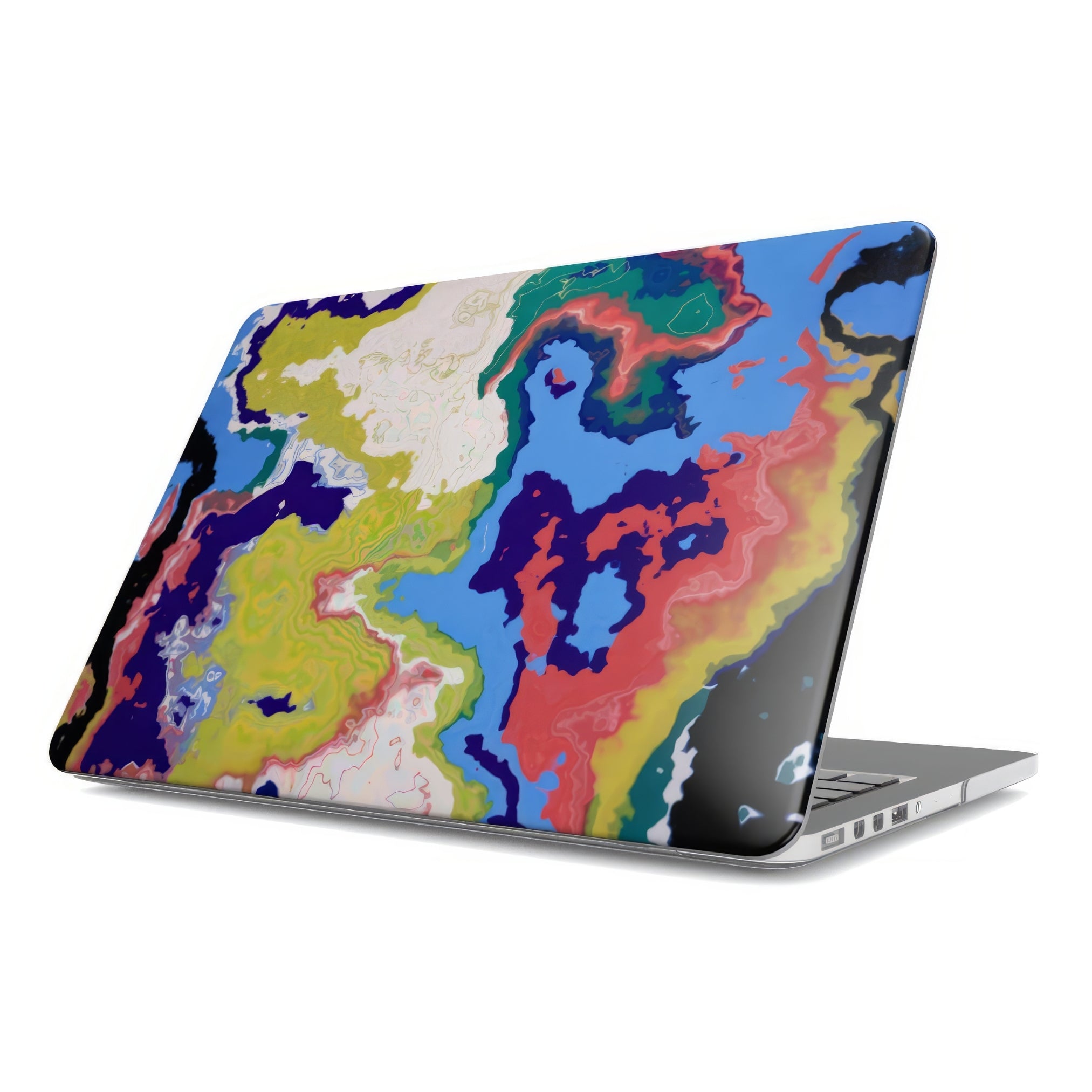 MacBook case side view; Jamaica 1 pattern, artistic, abstract marble pattern. Dark blue, yellow and white color combination.