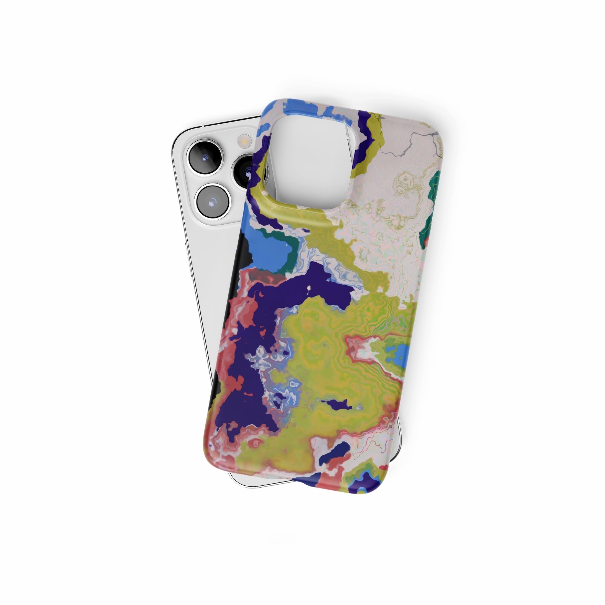 Ultra thin snap phone case front view; Jamaica 1 pattern, artistic, abstract marble pattern. Dark blue, yellow and white color combination.