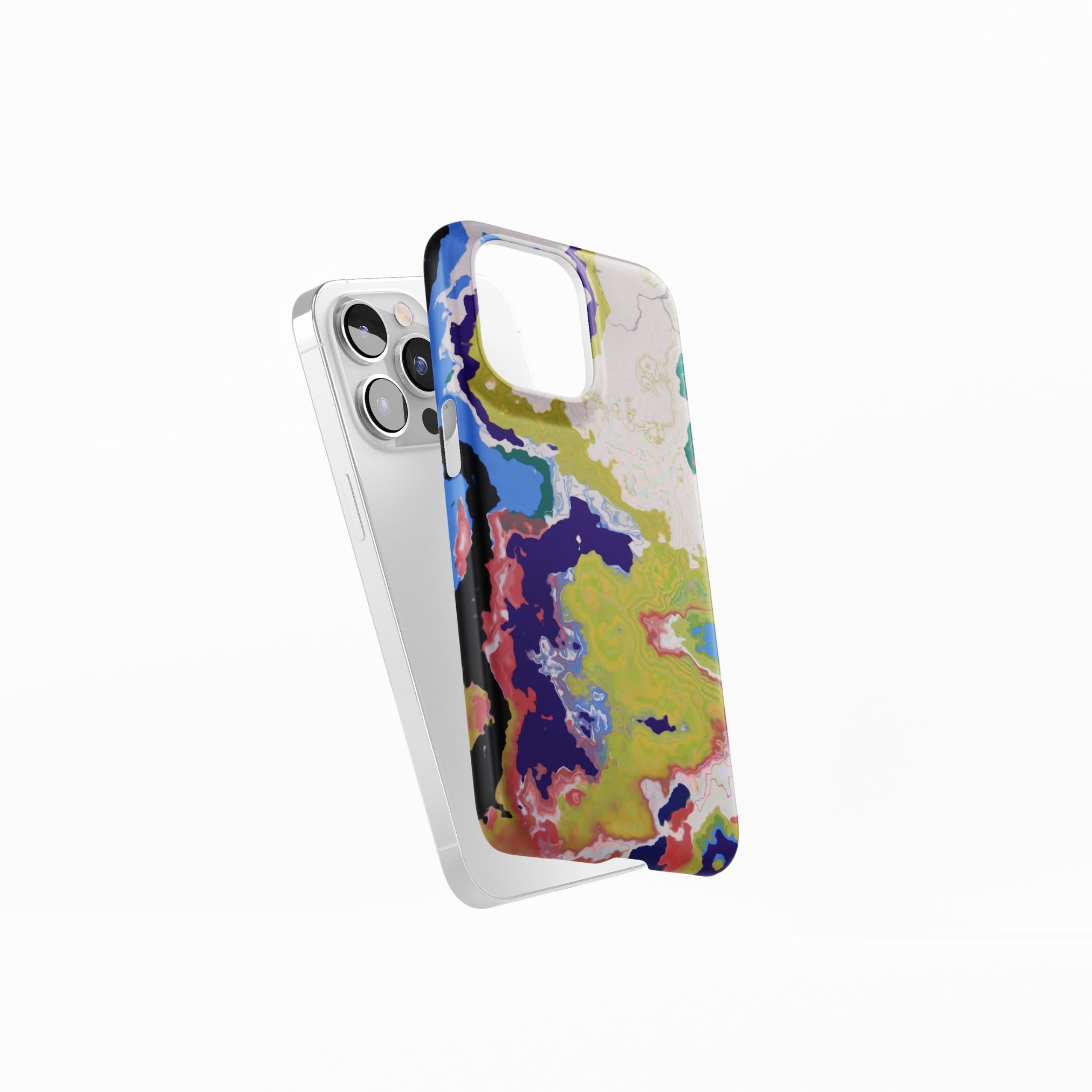 Ultra thin snap phone case side extend view; Jamaica 1 pattern, artistic, abstract marble pattern. Dark blue, yellow and white color combination.