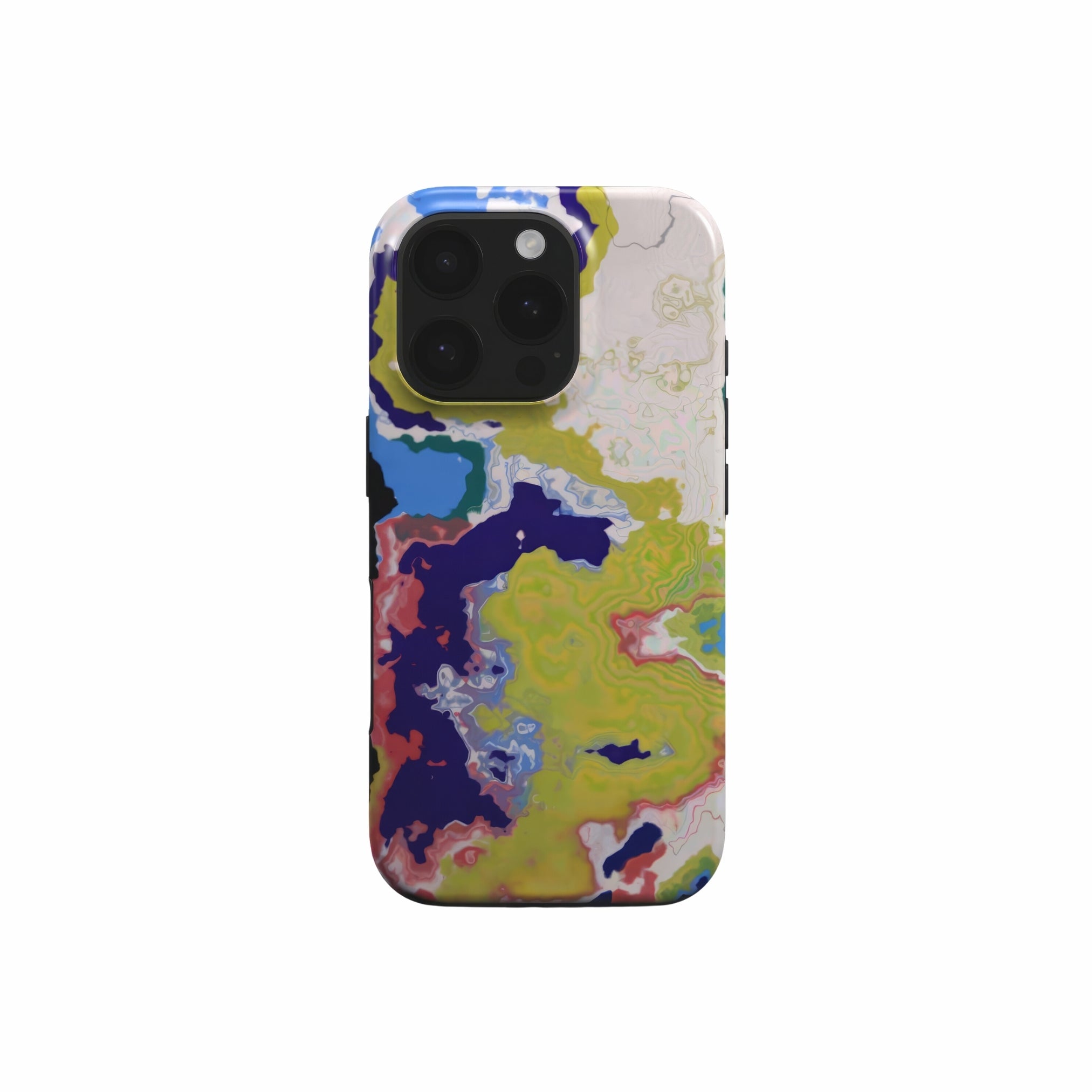 Tough phone case front view; Jamaica 1 pattern, artistic, abstract marble pattern. Dark blue, yellow and white color combination.