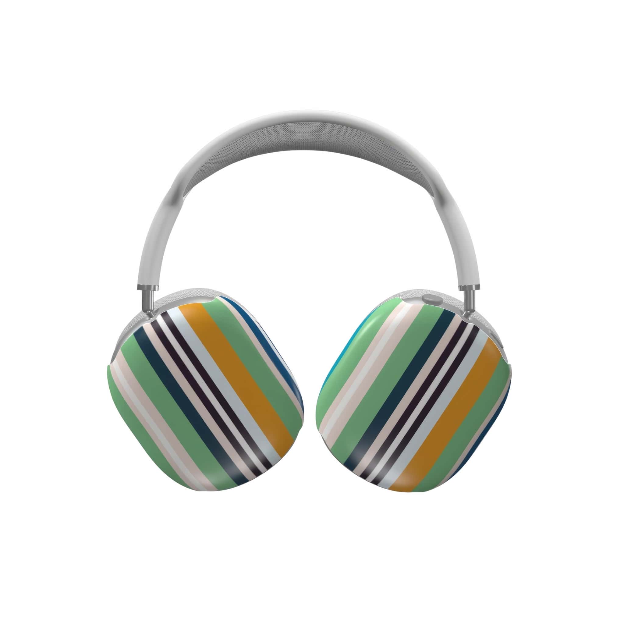 AirPods Max case Parallel Flow 1 pattern with a tiny color stripes, featuring an elegant and expressive aesthetic design. Main colors are minty sage, powder pink, navy blue, orange. Front view.