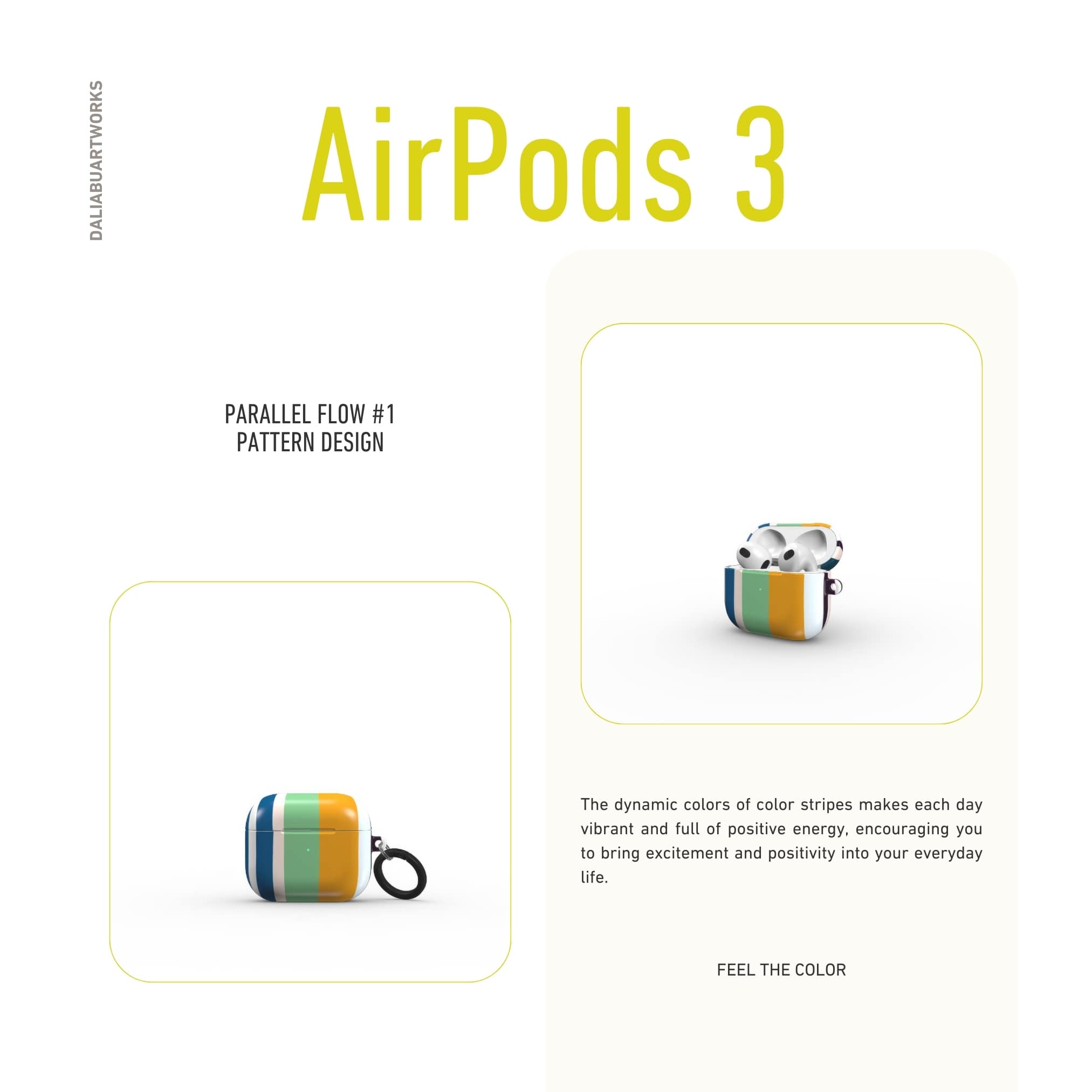 AirPods 3 case Parallel Flow 1 pattern with a tiny color stripes, featuring an elegant and expressive aesthetic design. Main colors are minty sage, powder pink, navy blue, orange. Front view.