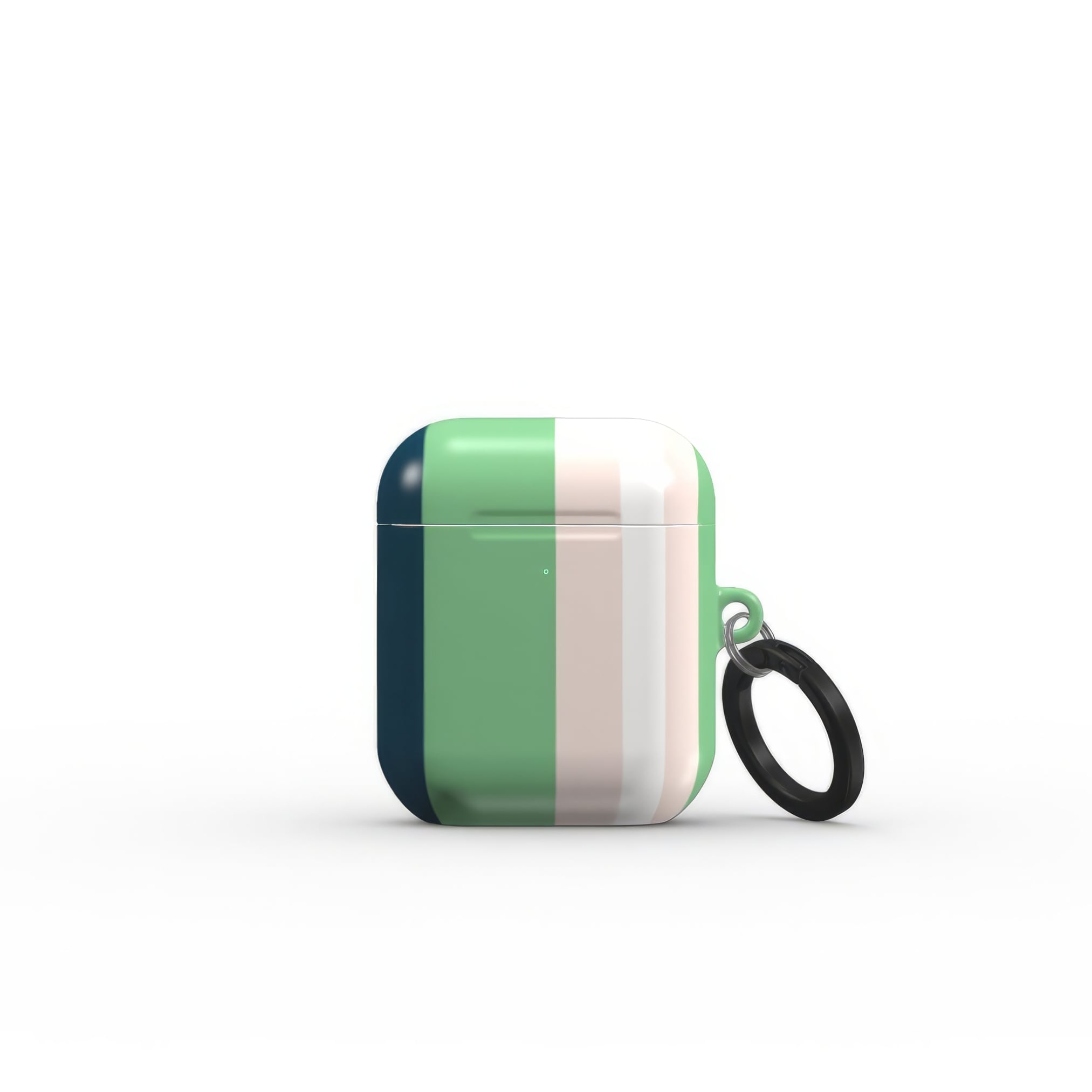 AirPods 1 and  2 case Parallel Flow 1 pattern with a tiny color stripes, featuring an elegant and expressive aesthetic design. Main colors are minty sage, powder pink, navy blue. Front closed view.