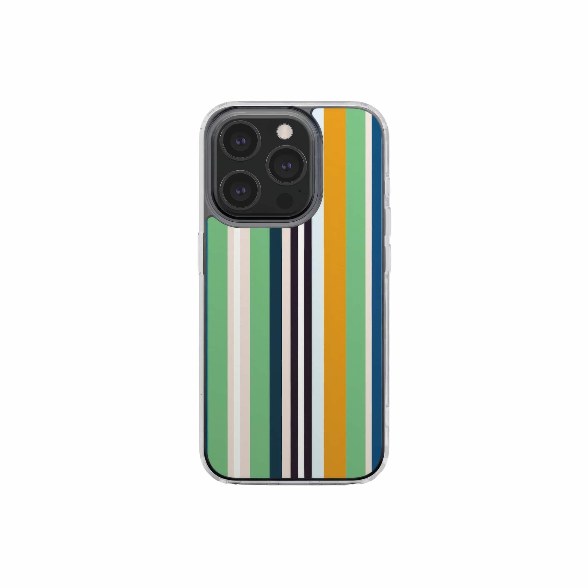 Clear phone case Parallel Flow 1 pattern with a tiny color stripes, featuring an elegant and expressive aesthetic design. Main colors are minty sage, powder pink, navy blue, orange. Front view.