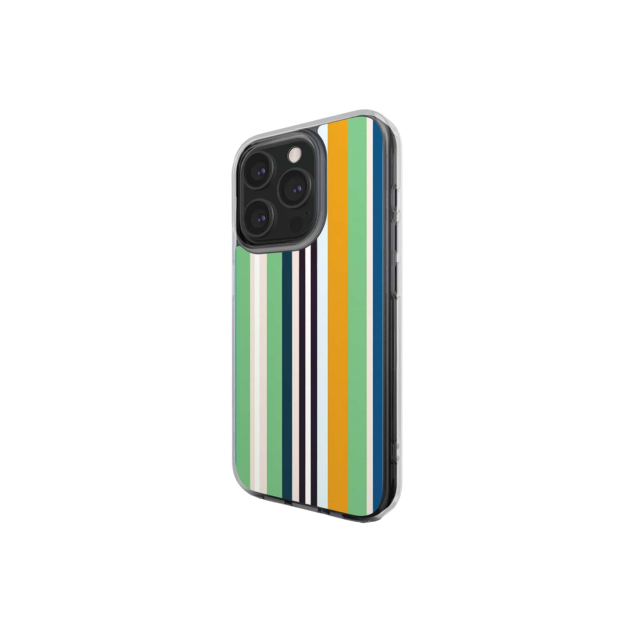 Clear phone case Parallel Flow 1 pattern with a tiny color stripes, featuring an elegant and expressive aesthetic design. Main colors are minty sage, powder pink, navy blue, orange. Side view.