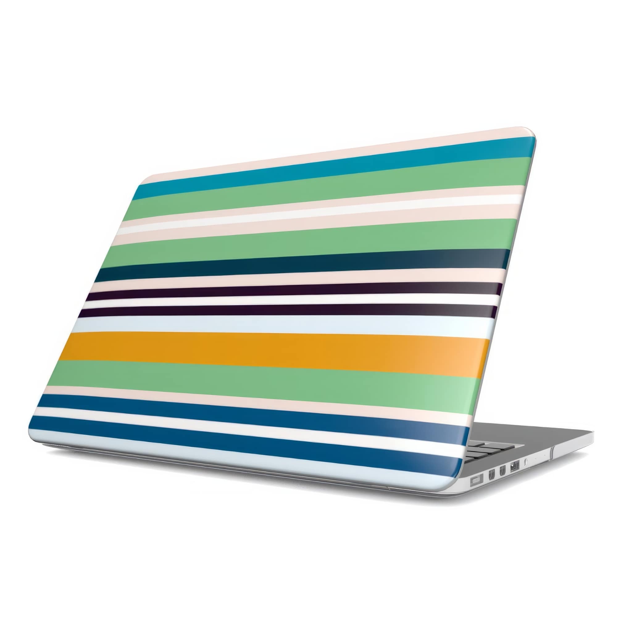 MacBook case Parallel Flow 1 pattern with a tiny color stripes, featuring an elegant and expressive aesthetic design. Main colors are minty sage, powder pink, navy blue, orange. Front view