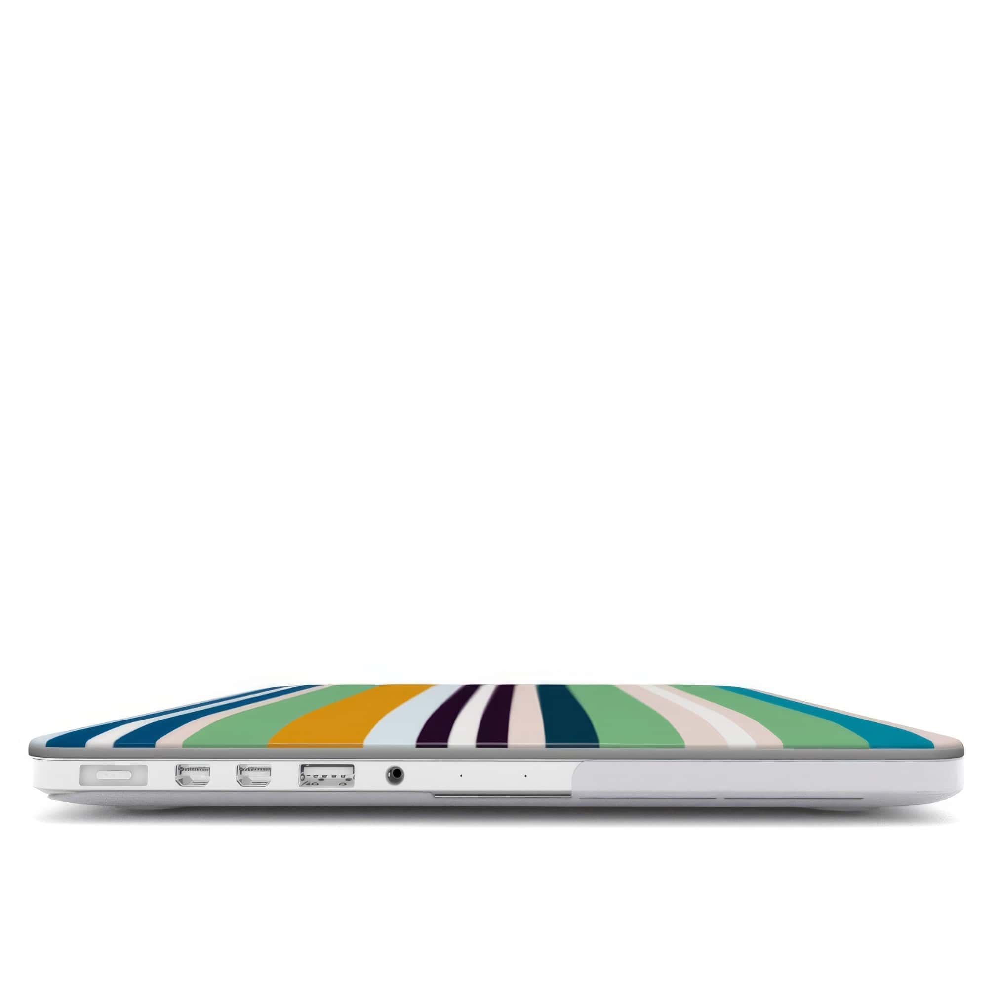 MacBook case Parallel Flow 1 pattern with a tiny color stripes, featuring an elegant and expressive aesthetic design. Main colors are minty sage, powder pink, navy blue, orange. Closed view.