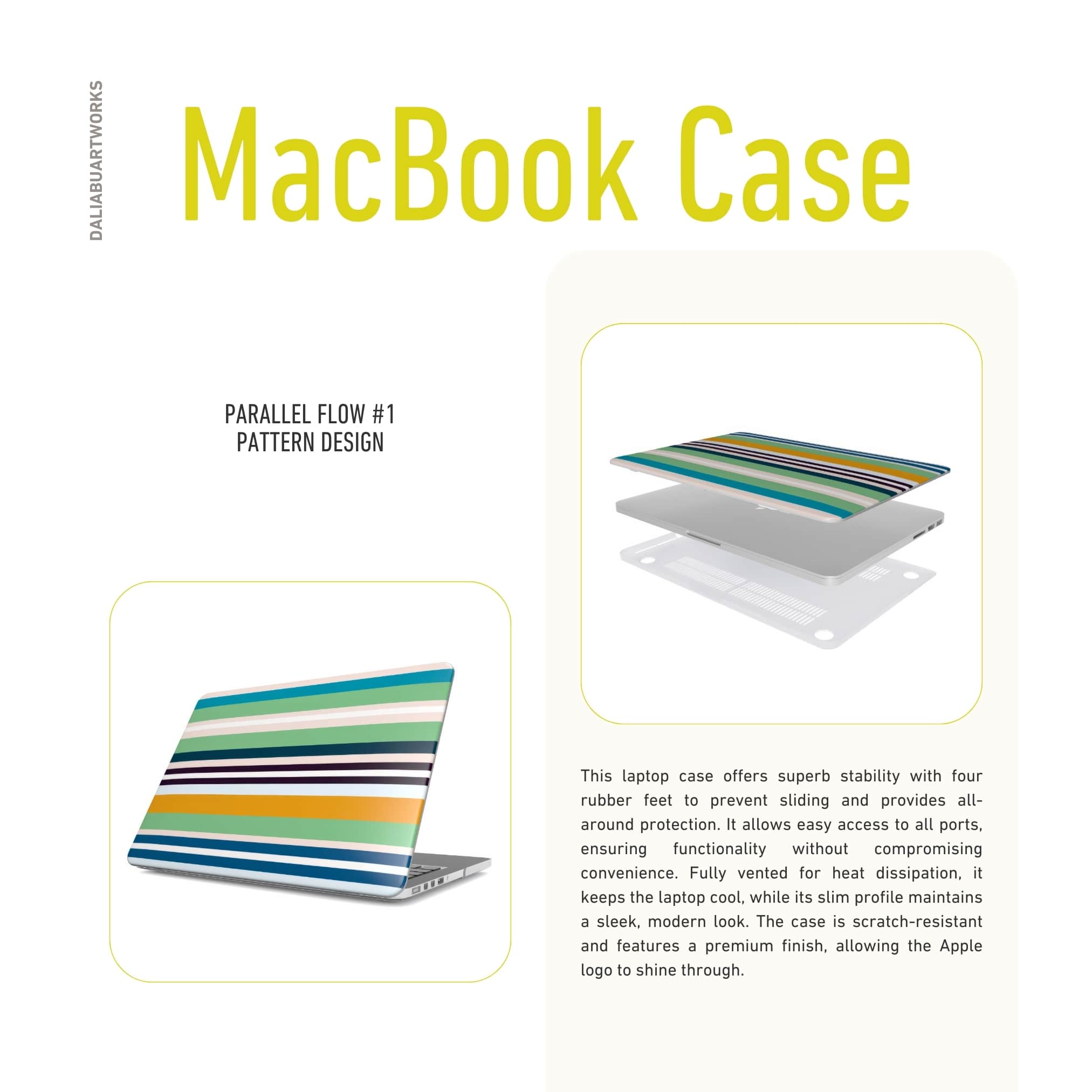 MacBook case Parallel Flow 1 pattern with a tiny color stripes, featuring an elegant and expressive aesthetic design. Main colors are minty sage, powder pink, navy blue, orange. Details about laptop cover ventilation benefits.