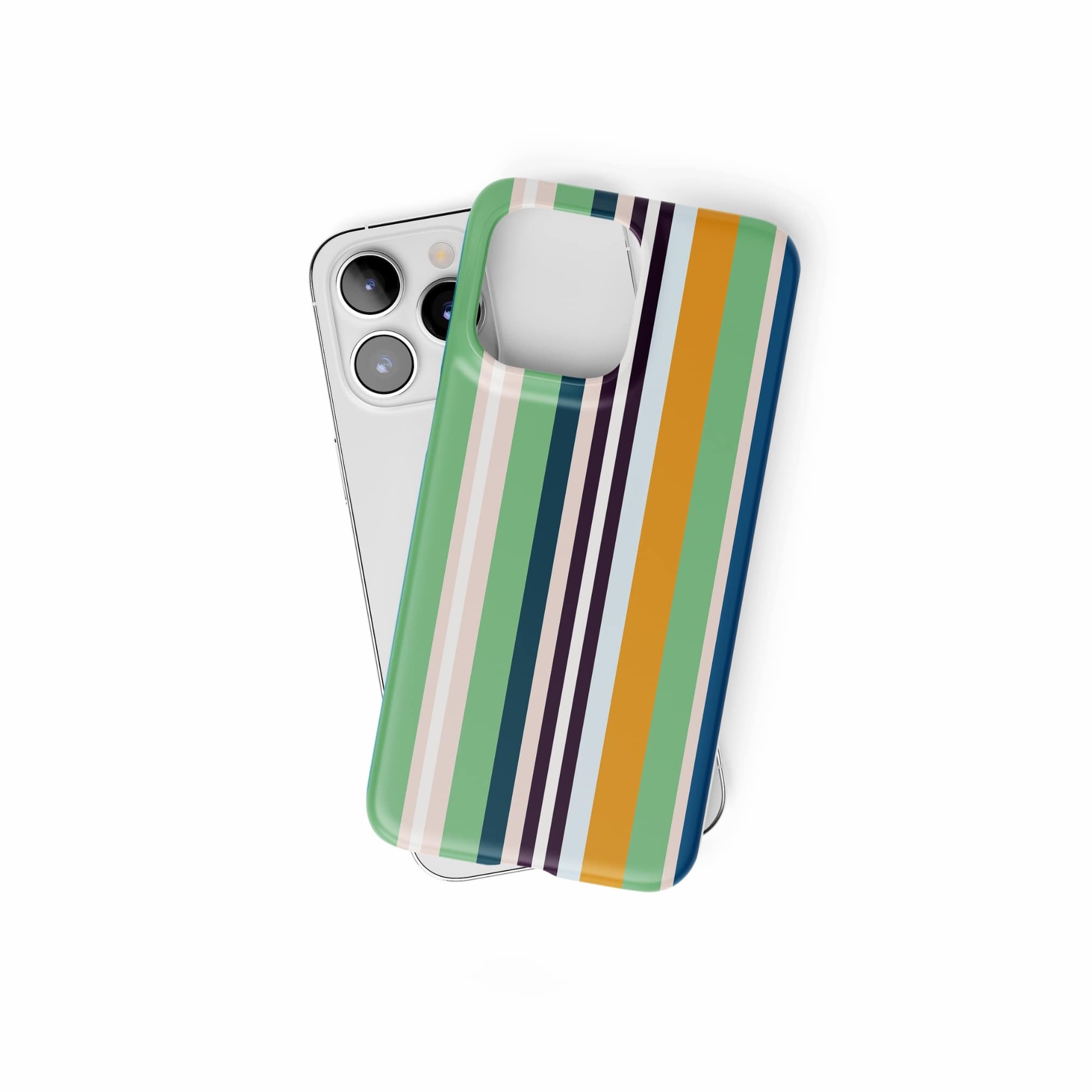 Ultra thin snap phone case Parallel Flow 1 pattern with a tiny color stripes, featuring an elegant and expressive aesthetic design. Main colors are minty sage, powder pink, navy blue, orange. Front view.