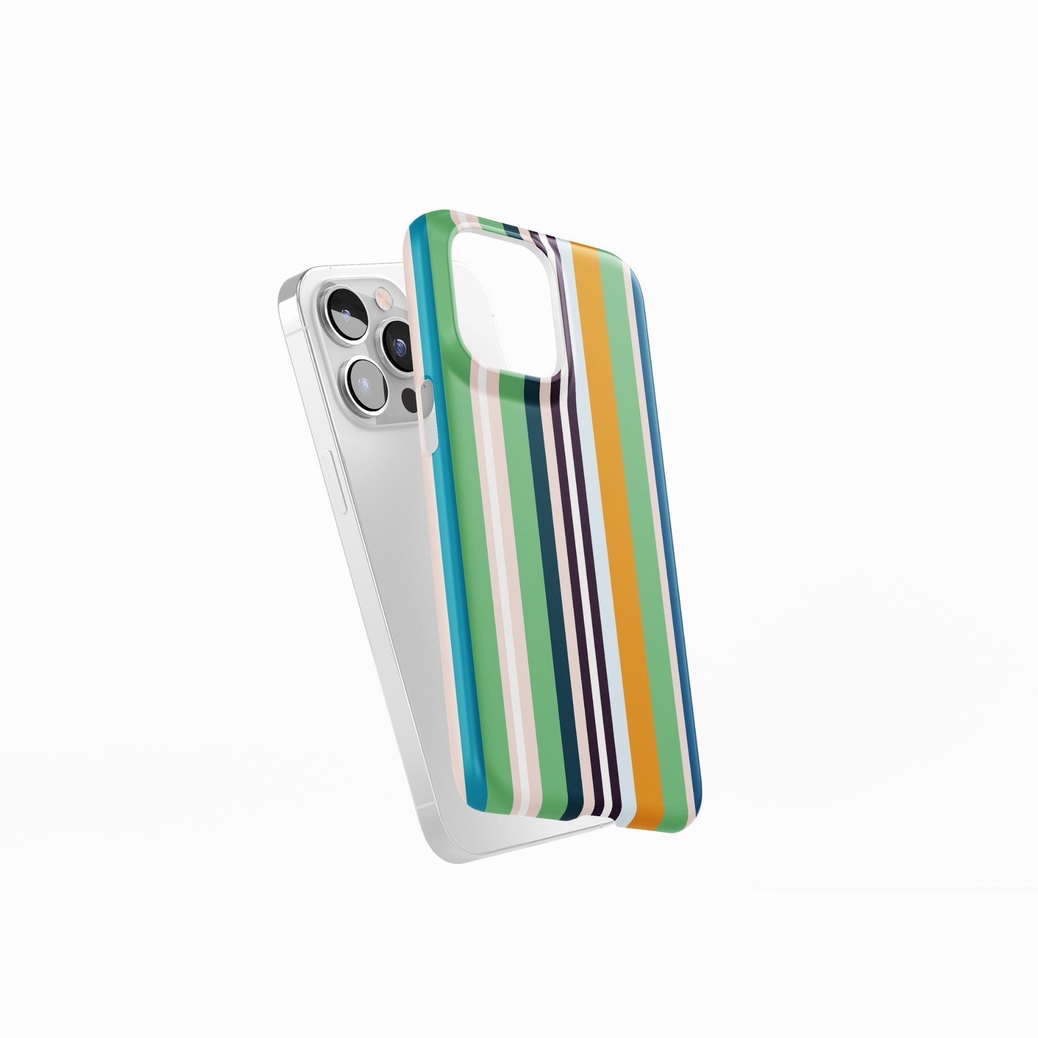 Ultra thin snap phone case Parallel Flow 1 pattern with a tiny color stripes, featuring an elegant and expressive aesthetic design. Main colors are minty sage, powder pink, navy blue, orange. Side view.