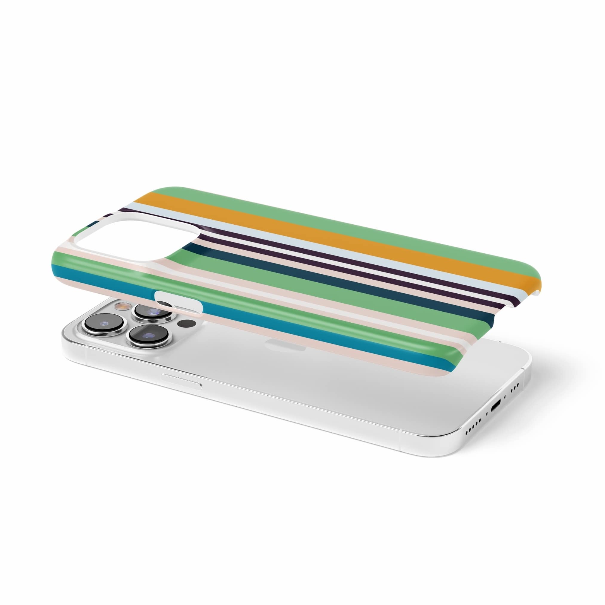 Ultra thin snap phone case Parallel Flow 1 pattern with a tiny color stripes, featuring an elegant and expressive aesthetic design. Main colors are minty sage, powder pink, navy blue, orange. Extend view.