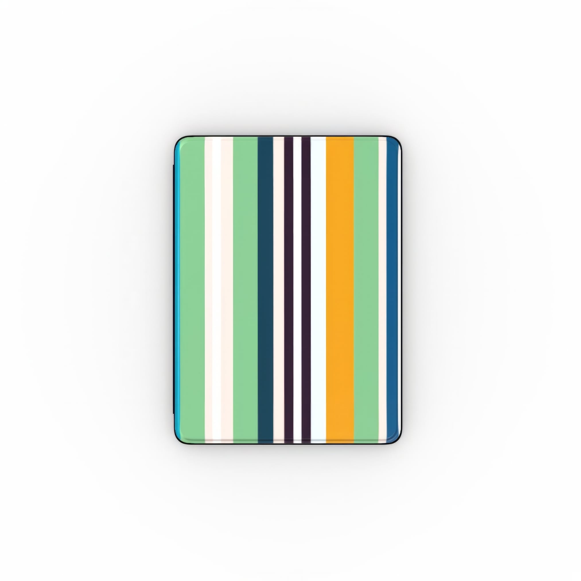 iPad case Parallel Flow 1 pattern with a tiny color stripes, featuring an elegant and expressive aesthetic design. Main colors are minty sage, powder pink, navy blue, orange. Front view.