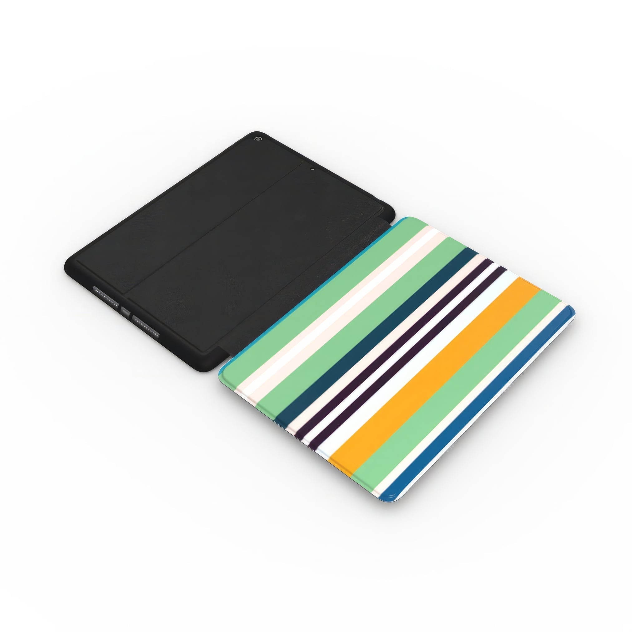 iPad case Parallel Flow 1 pattern with a tiny color stripes, featuring an elegant and expressive aesthetic design. Main colors are minty sage, powder pink, navy blue, orange. Extend view.