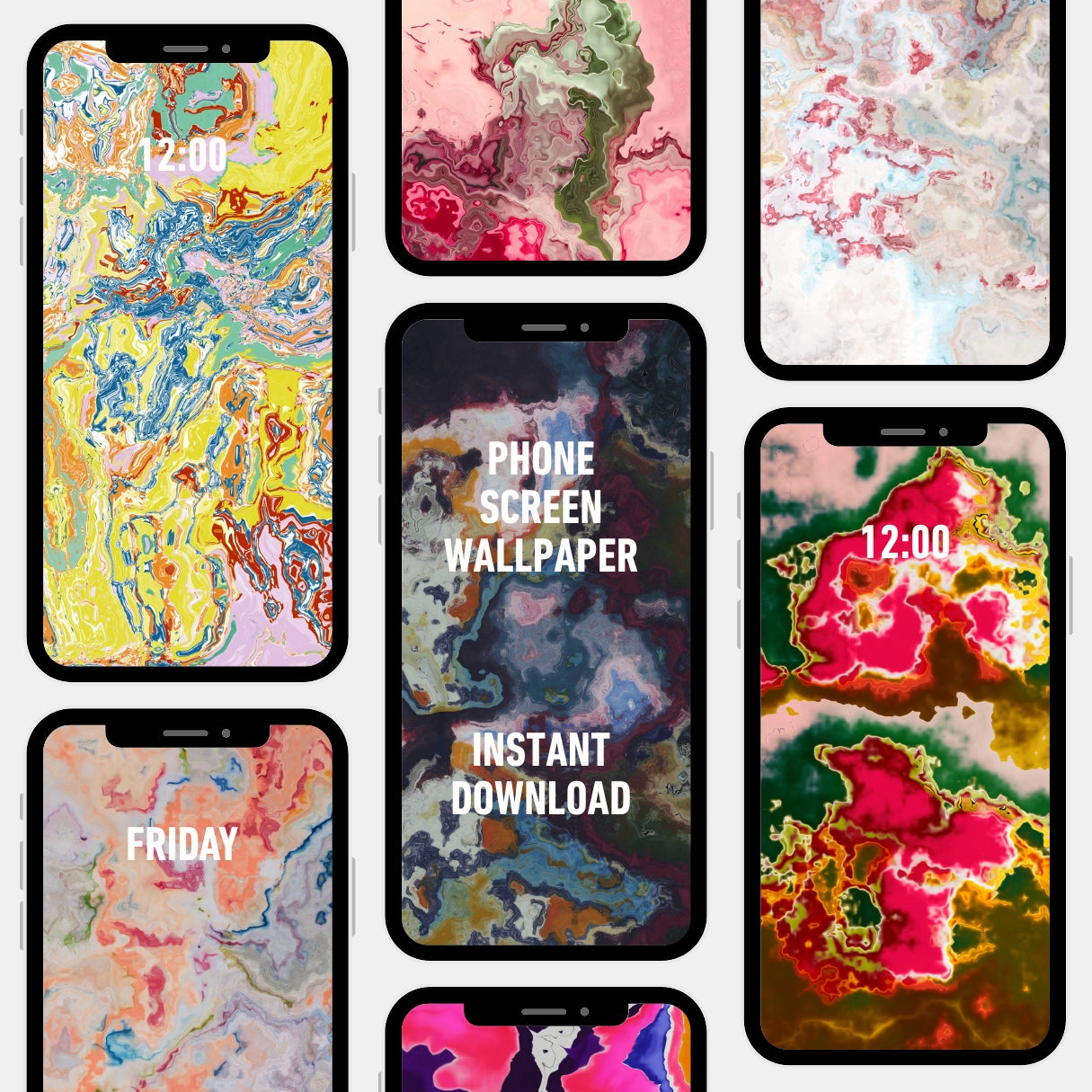 Collection of colorful phone screen wallpapers with text on a white background.