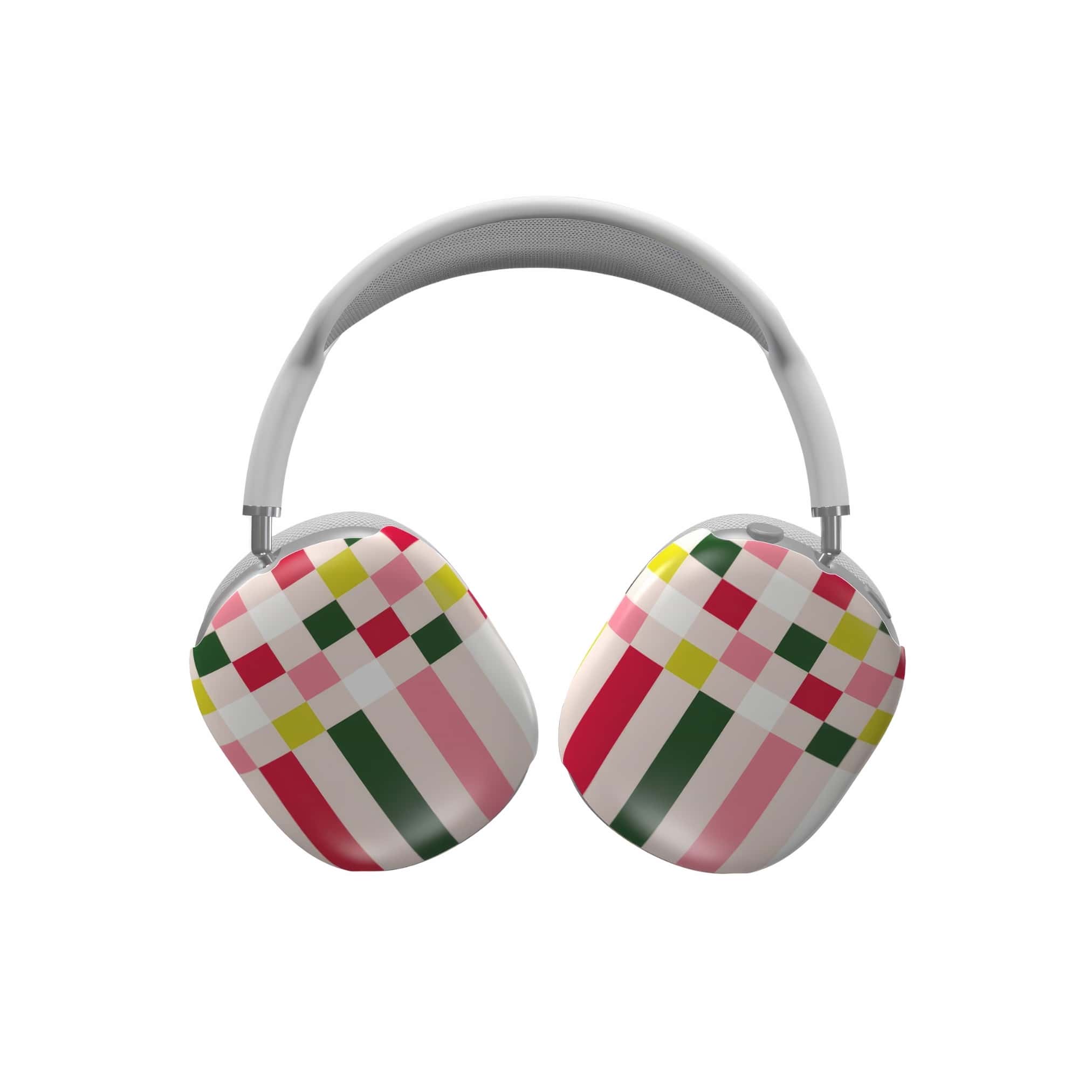 AirPods Max tough case Pixel Grid 1 pattern design with a bold color blocks in pixel and stripes modern style, featuring an elegant and expressive aesthetic design. Main colors are rich red, pink yellow and green. Front view.