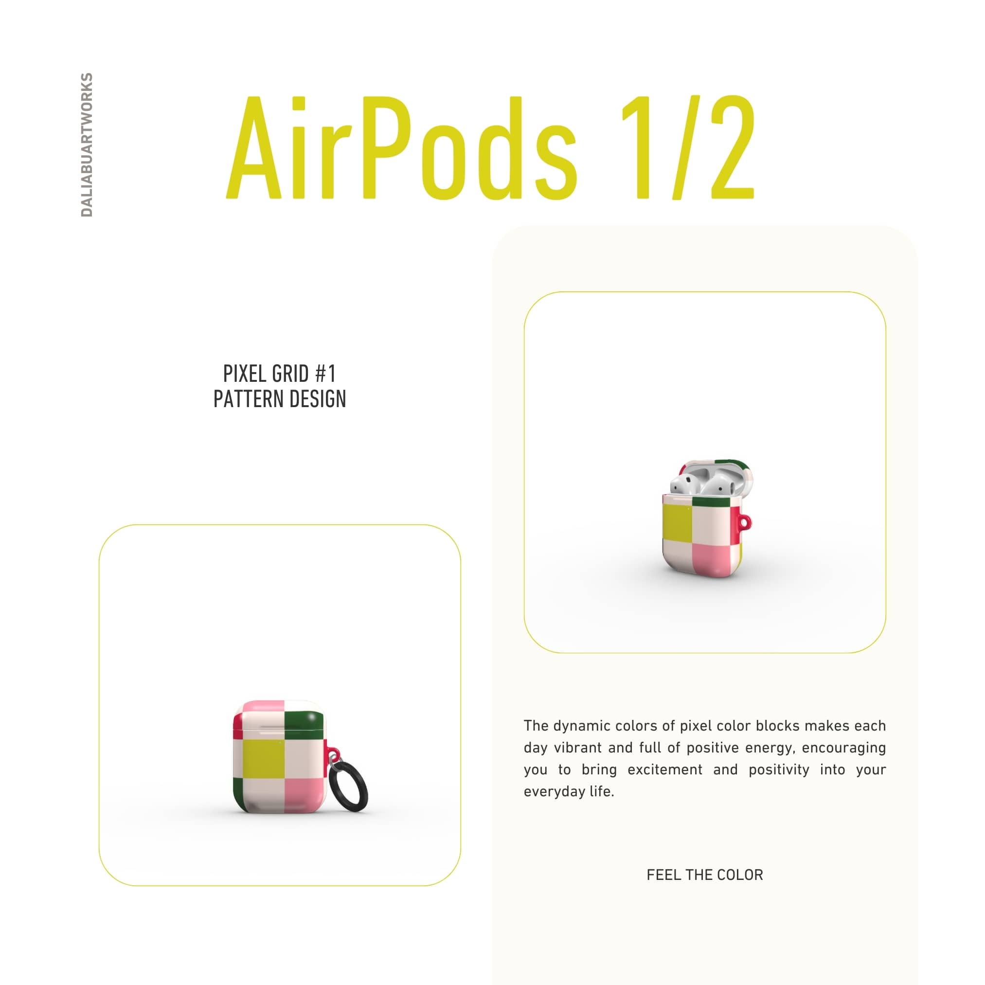 Apple AirPods 1 and 2 tough case Pixel Grid 1 pattern design with a bold color blocks in pixel and stripes modern style, featuring an elegant and expressive aesthetic design. Main colors are rich red, pink yellow and green. Front view.