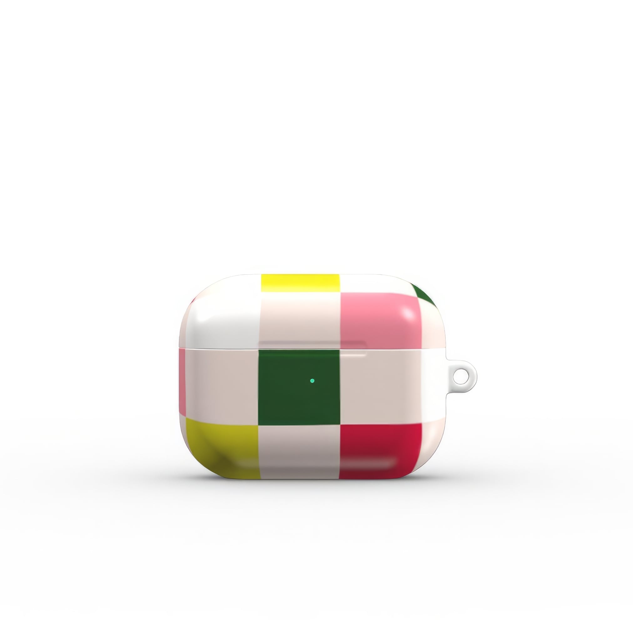 Apple AirPods Pro tough case Pixel Grid 1 pattern design with a bold color blocks in pixel and stripes modern style, featuring an elegant and expressive aesthetic design. Main colors are rich red, pink yellow and green. Front view.