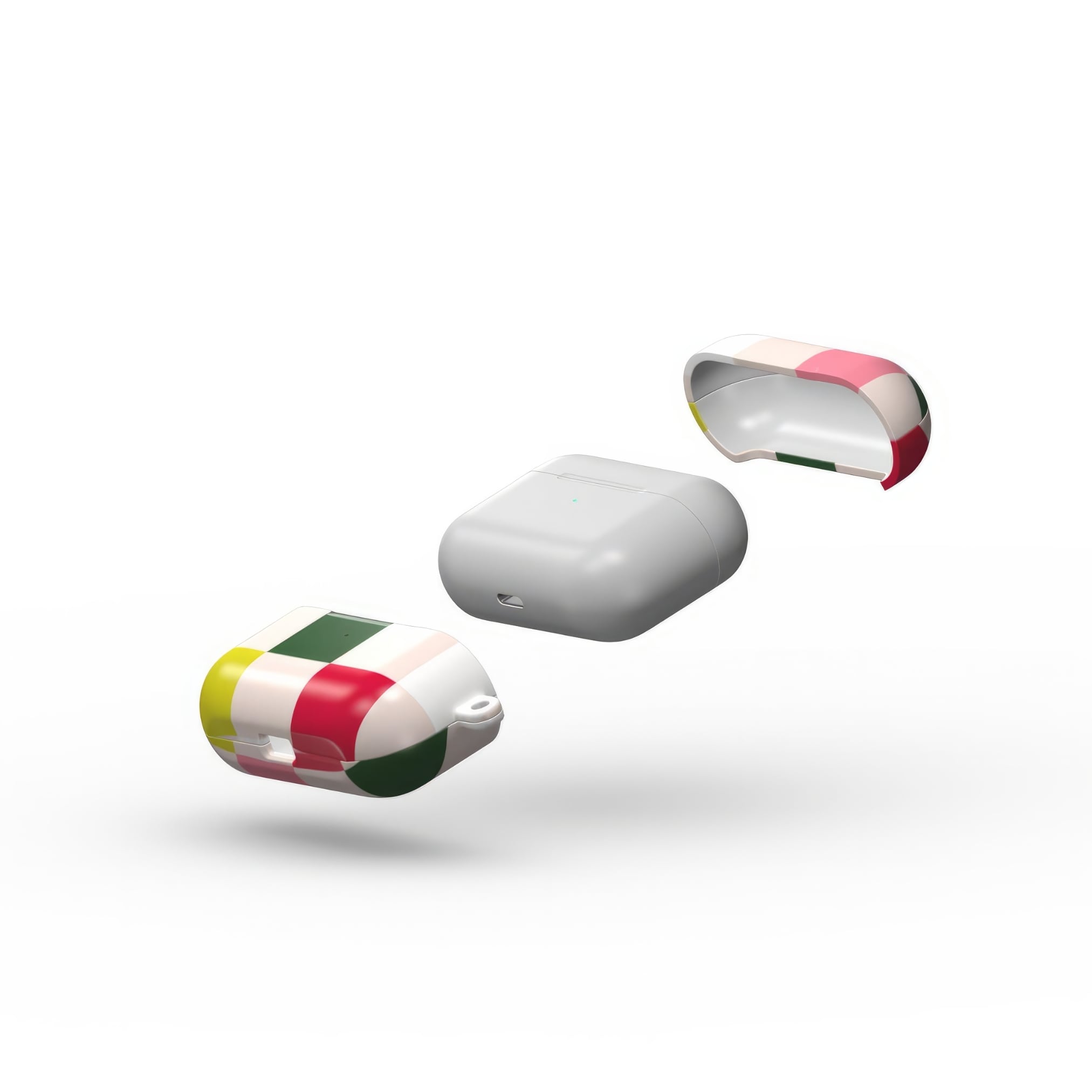 Apple AirPods Pro tough case Pixel Grid 1 pattern design with a bold color blocks in pixel and stripes modern style, featuring an elegant and expressive aesthetic design. Main colors are rich red, pink yellow and green. Extend view.