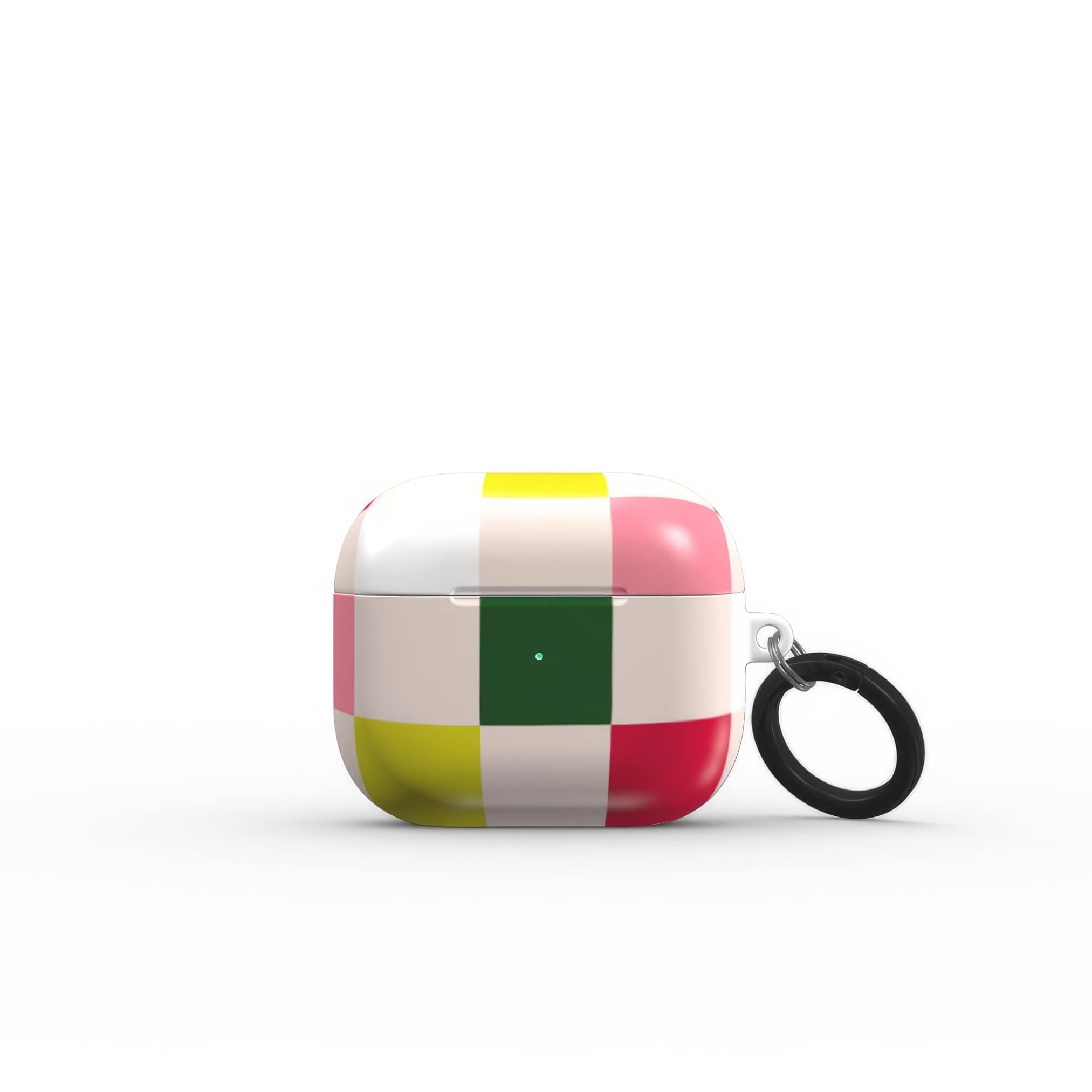 Apple AirPods 3 tough case Pixel Grid 1 pattern design with a bold color blocks in pixel and stripes modern style, featuring an elegant and expressive aesthetic design. Main colors are rich red, pink yellow and green. Front view.