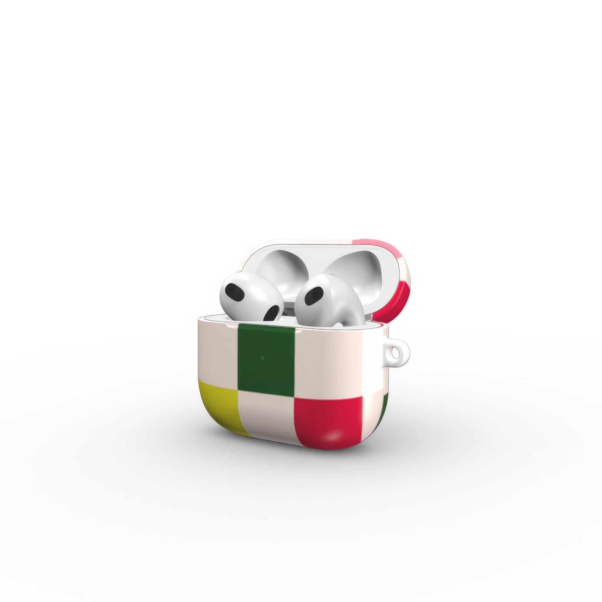 Apple AirPods 3 tough case Pixel Grid 1 pattern design with a bold color blocks in pixel and stripes modern style, featuring an elegant and expressive aesthetic design. Main colors are rich red, pink yellow and green. Open side view.