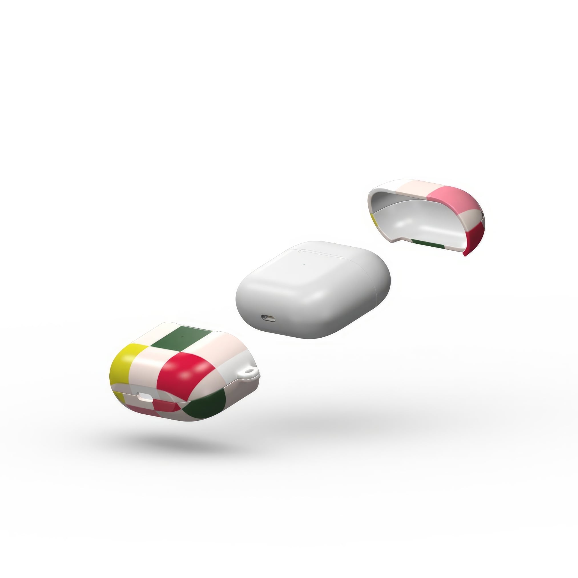 Apple AirPods 3 tough case Pixel Grid 1 pattern design with a bold color blocks in pixel and stripes modern style, featuring an elegant and expressive aesthetic design. Main colors are rich red, pink yellow and green. Extend view.