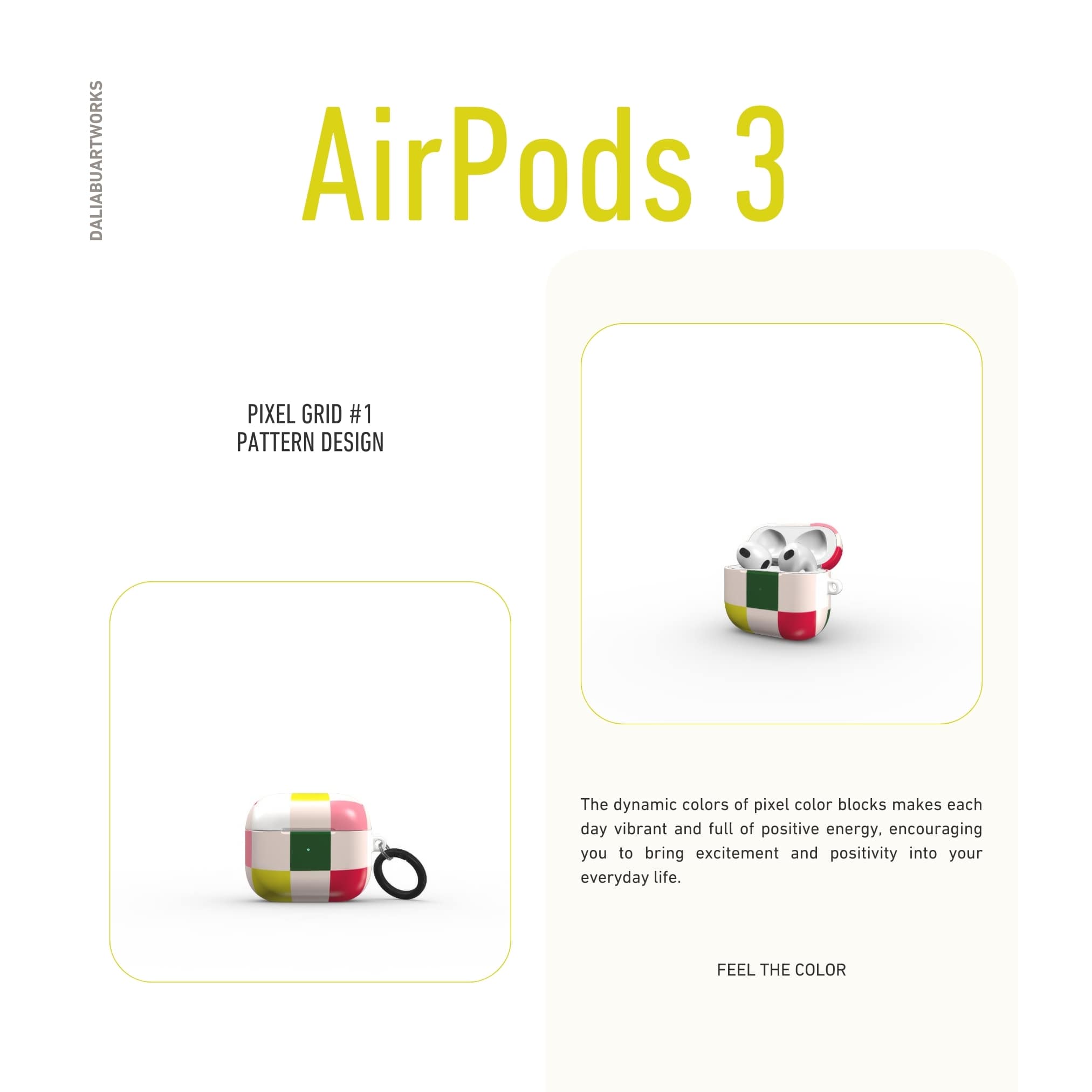 Apple AirPods 3 tough case Pixel Grid 1 pattern design with a bold color blocks in pixel and stripes modern style, featuring an elegant and expressive aesthetic design. Main colors are rich red, pink yellow and green. Front view.