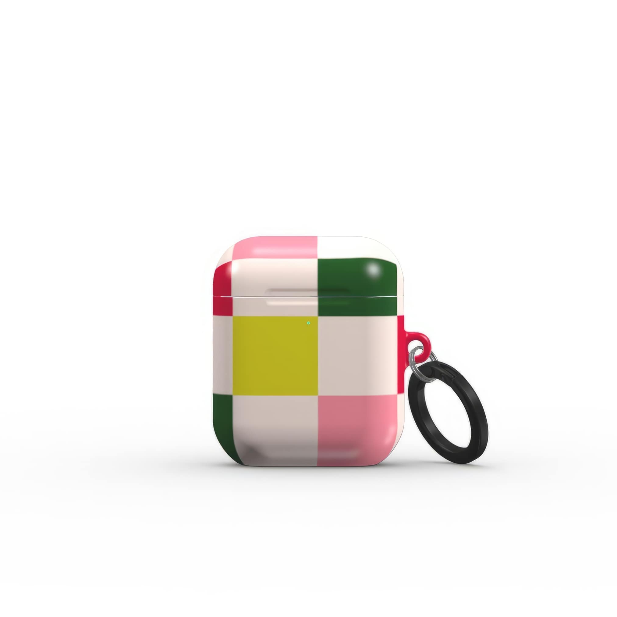 Apple AirPods 1 and 2 tough case Pixel Grid 1 pattern design with a bold color blocks in pixel and stripes modern style, featuring an elegant and expressive aesthetic design. Main colors are rich red, pink yellow and green. Front view.