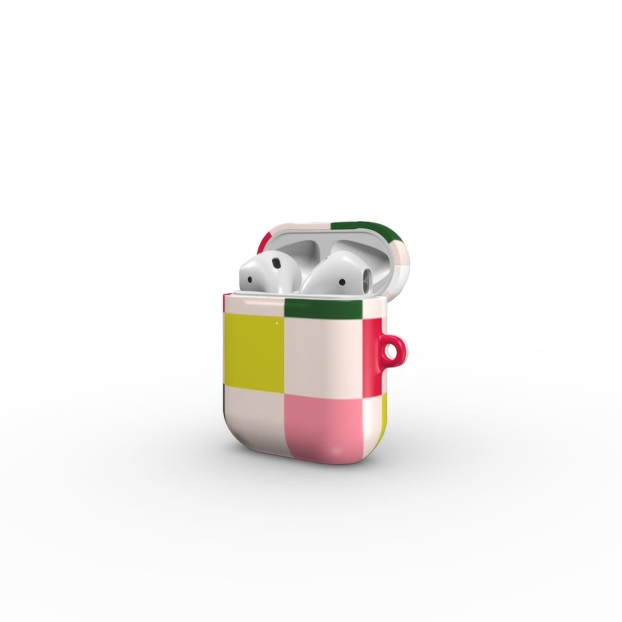 Apple AirPods 1 and 2 tough case Pixel Grid 1 pattern design with a bold color blocks in pixel and stripes modern style, featuring an elegant and expressive aesthetic design. Main colors are rich red, pink yellow and green. Open side view.