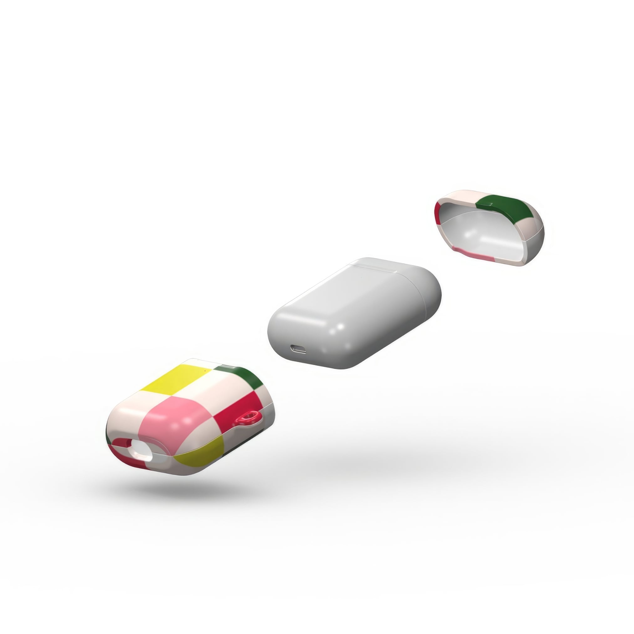 Apple AirPods 1 and 2 tough case Pixel Grid 1 pattern design with a bold color blocks in pixel and stripes modern style, featuring an elegant and expressive aesthetic design. Main colors are rich red, pink yellow and green. Extend view.