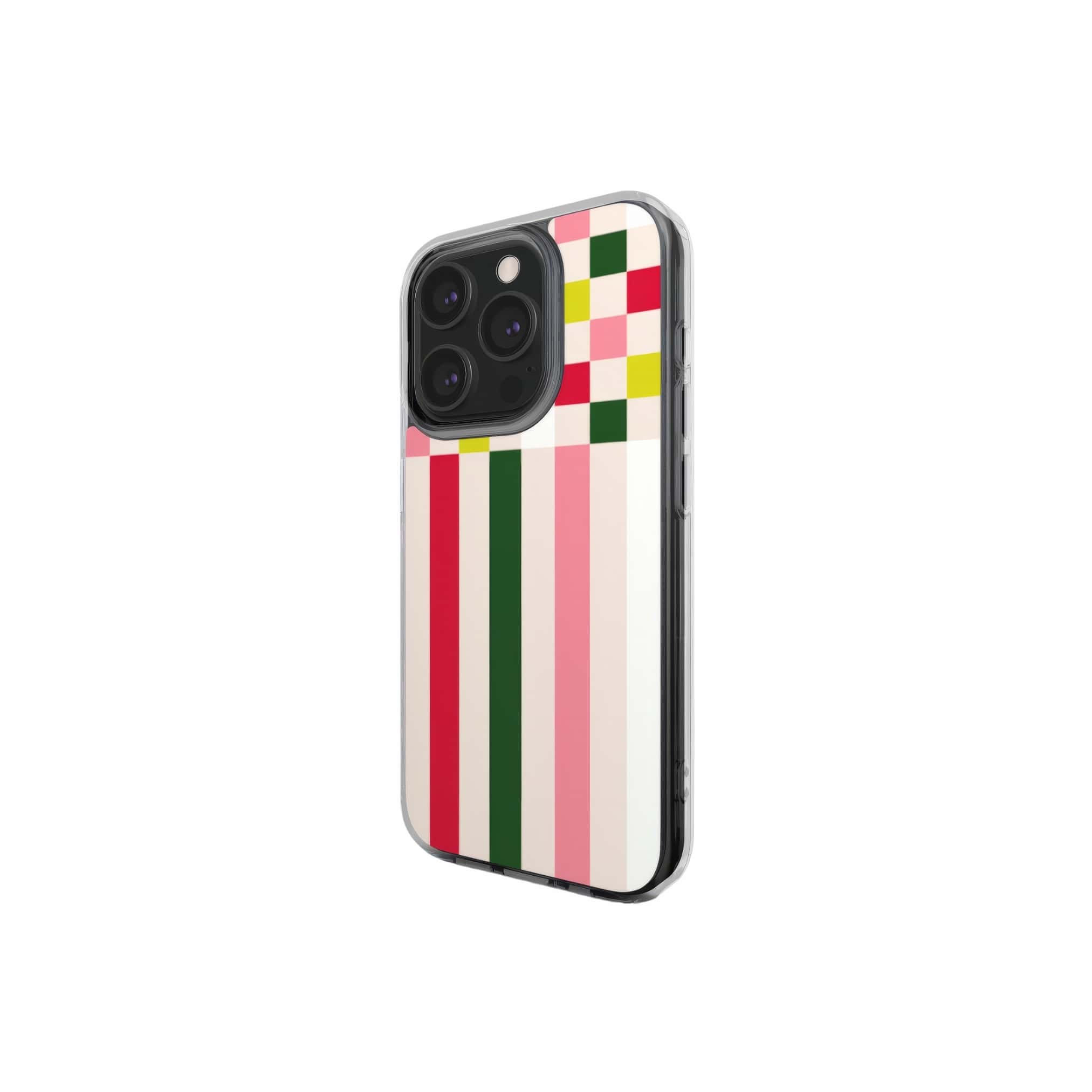 Clear phone case Pixel Grid 1 pattern design with a bold color blocks in pixel and stripes modern style, featuring an elegant and expressive aesthetic design. Main colors are rich red, pink yellow and green. Side view..