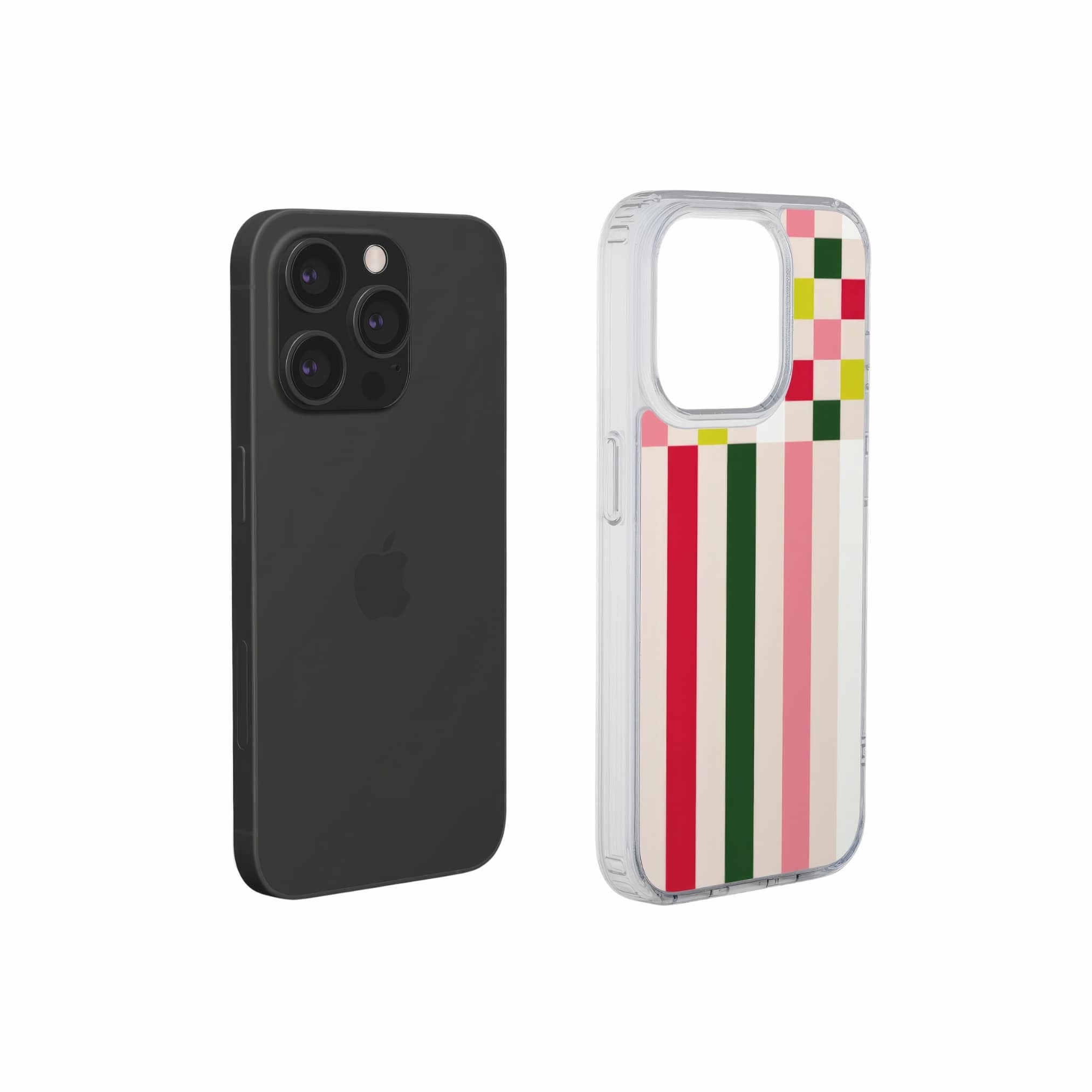 Clear phone case Pixel Grid 1 pattern design with a bold color blocks in pixel and stripes modern style, featuring an elegant and expressive aesthetic design. Main colors are rich red, pink yellow and green. Extend view.