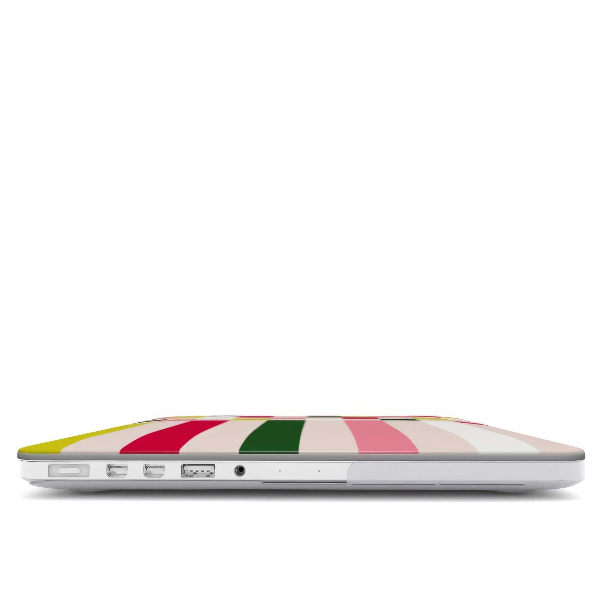 MacBook case Pixel Grid 1 pattern design with a bold color blocks in pixel and stripes modern style, featuring an elegant and expressive aesthetic design. Main colors are rich red, pink yellow and green. Closed view.