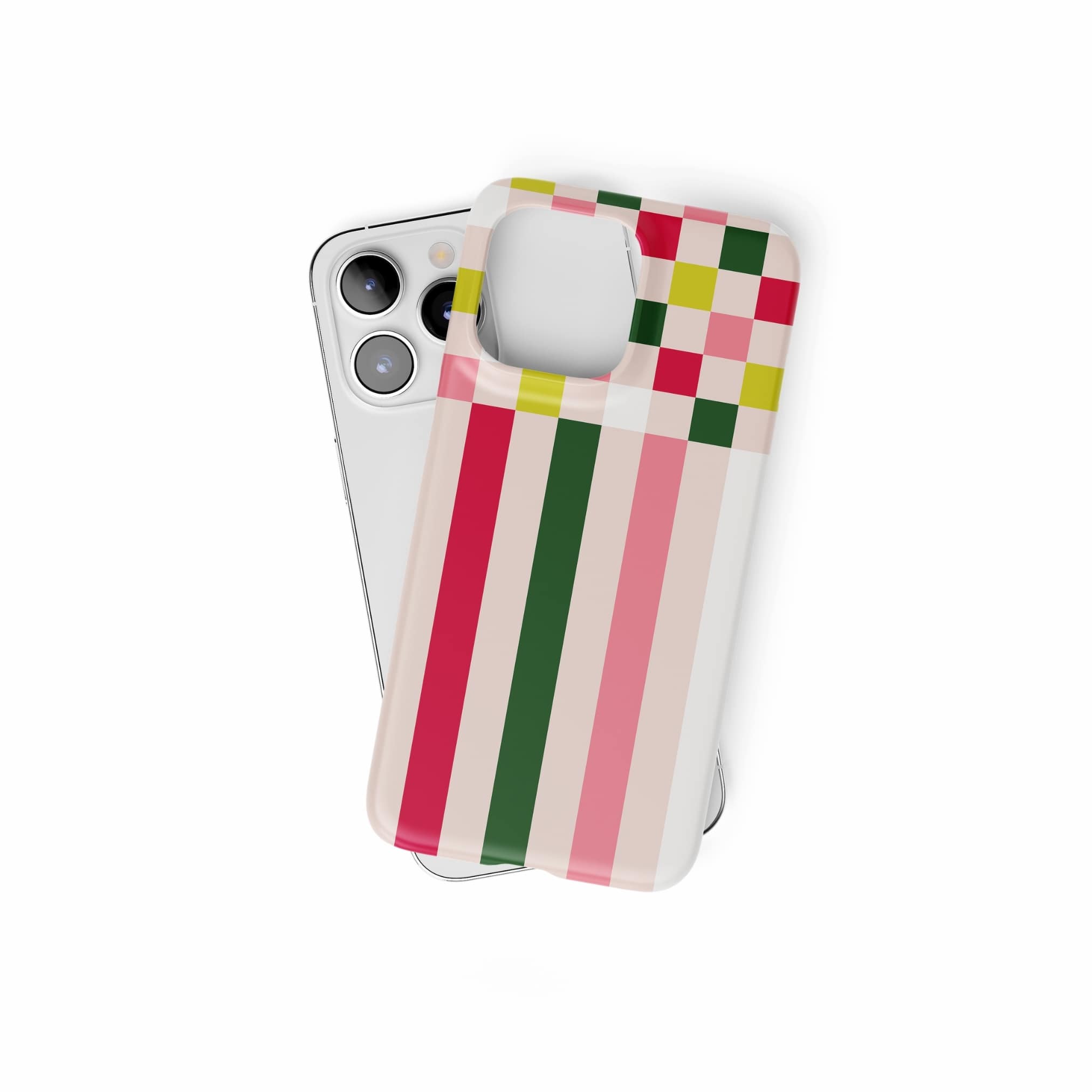 Ultra thin snap snug fit phone case Pixel Grid 1 pattern design with a bold color blocks in pixel and stripes modern style, featuring an elegant and expressive aesthetic design. Main colors are rich red, pink yellow and green. Front view.