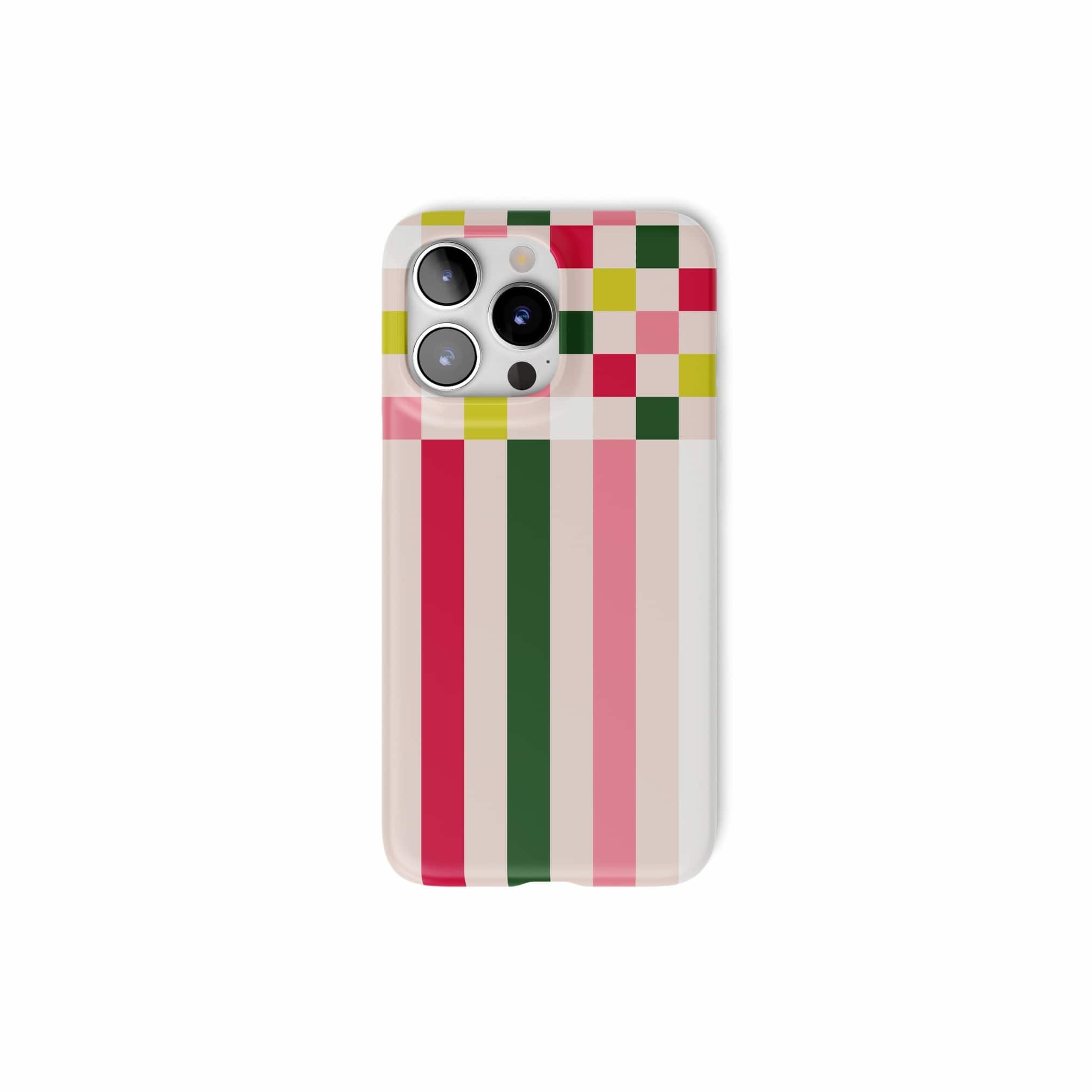 Ultra thin snap snug fit phone case Pixel Grid 1 pattern design with a bold color blocks in pixel and stripes modern style, featuring an elegant and expressive aesthetic design. Main colors are rich red, pink yellow and green. Front view.