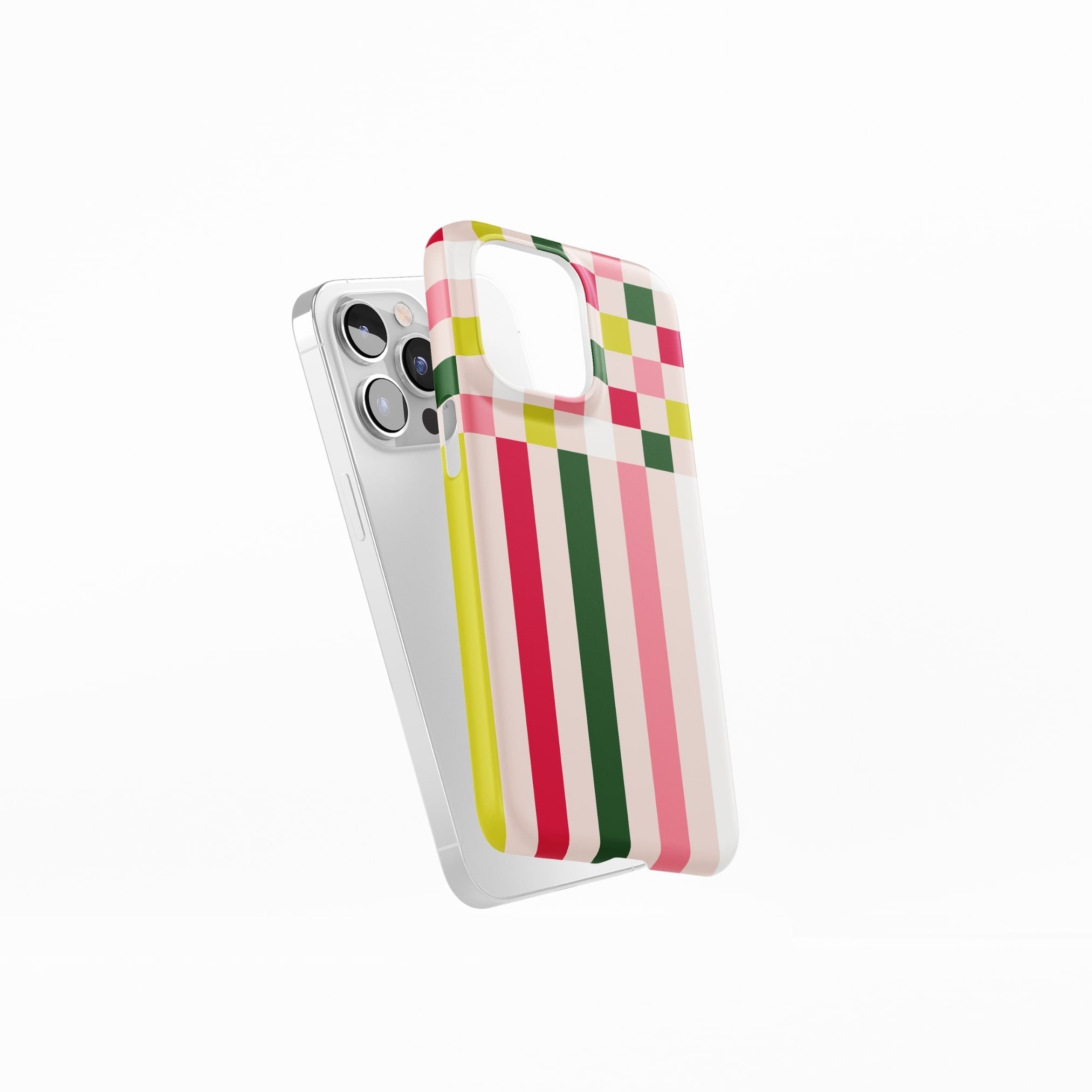 Ultra thin snap snug fit phone case Pixel Grid 1 pattern design with a bold color blocks in pixel and stripes modern style, featuring an elegant and expressive aesthetic design. Main colors are rich red, pink yellow and green. Side view.