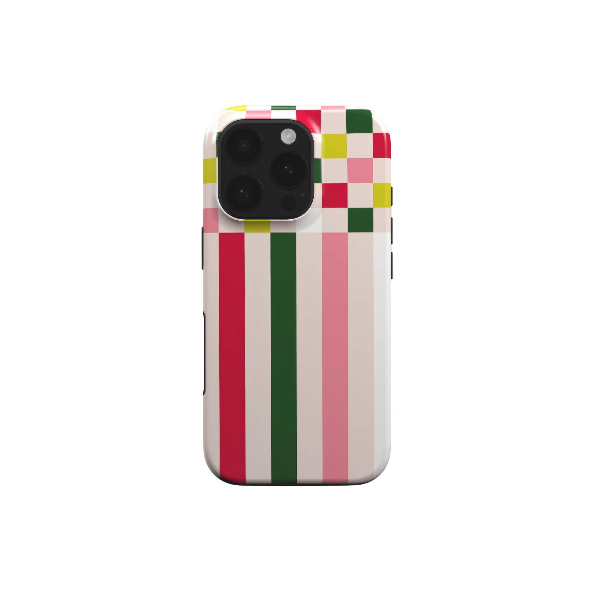 Tough phone case Pixel Grid 1 pattern design with a bold color blocks in pixel and stripes modern style, featuring an elegant and expressive aesthetic design. Main colors are rich red, pink yellow and green. Front view.