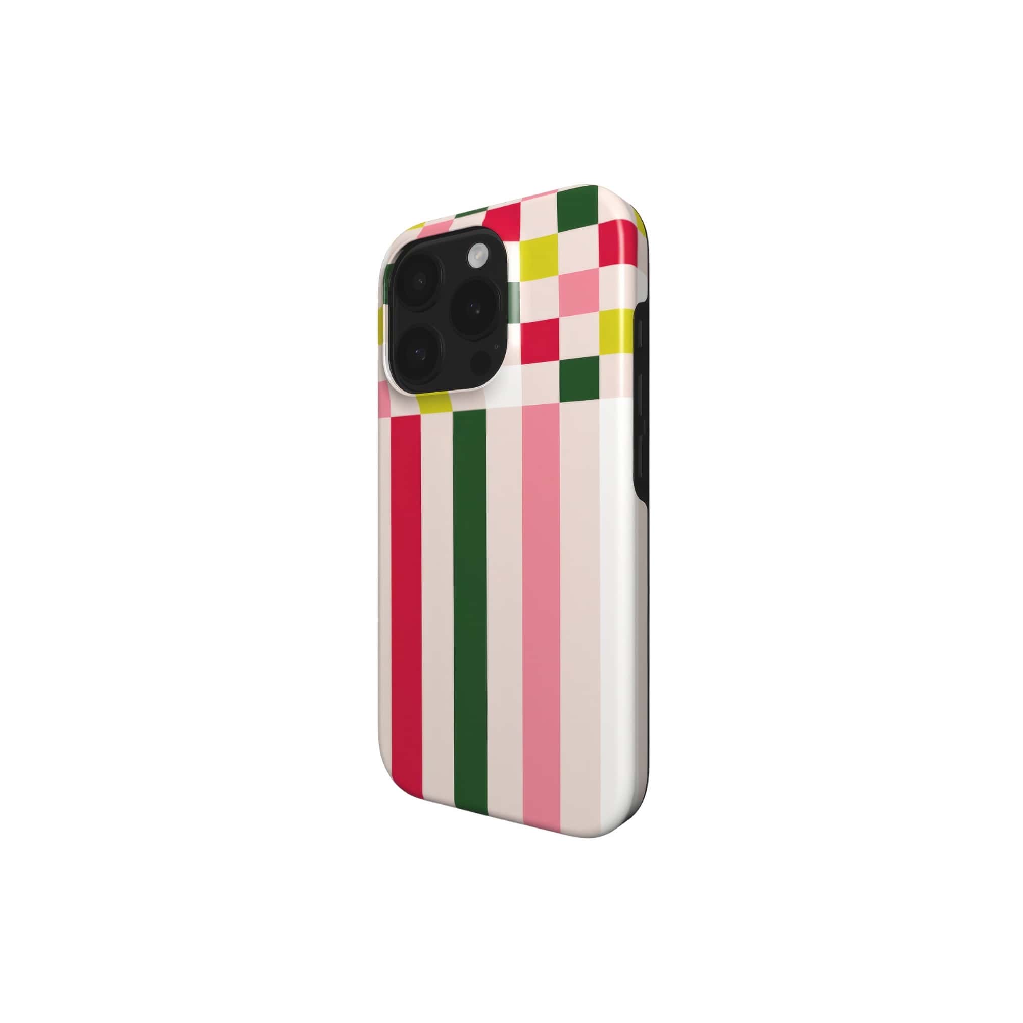 Tough phone case Pixel Grid 1 pattern design with a bold color blocks in pixel and stripes modern style, featuring an elegant and expressive aesthetic design. Main colors are rich red, pink yellow and green. Side view.