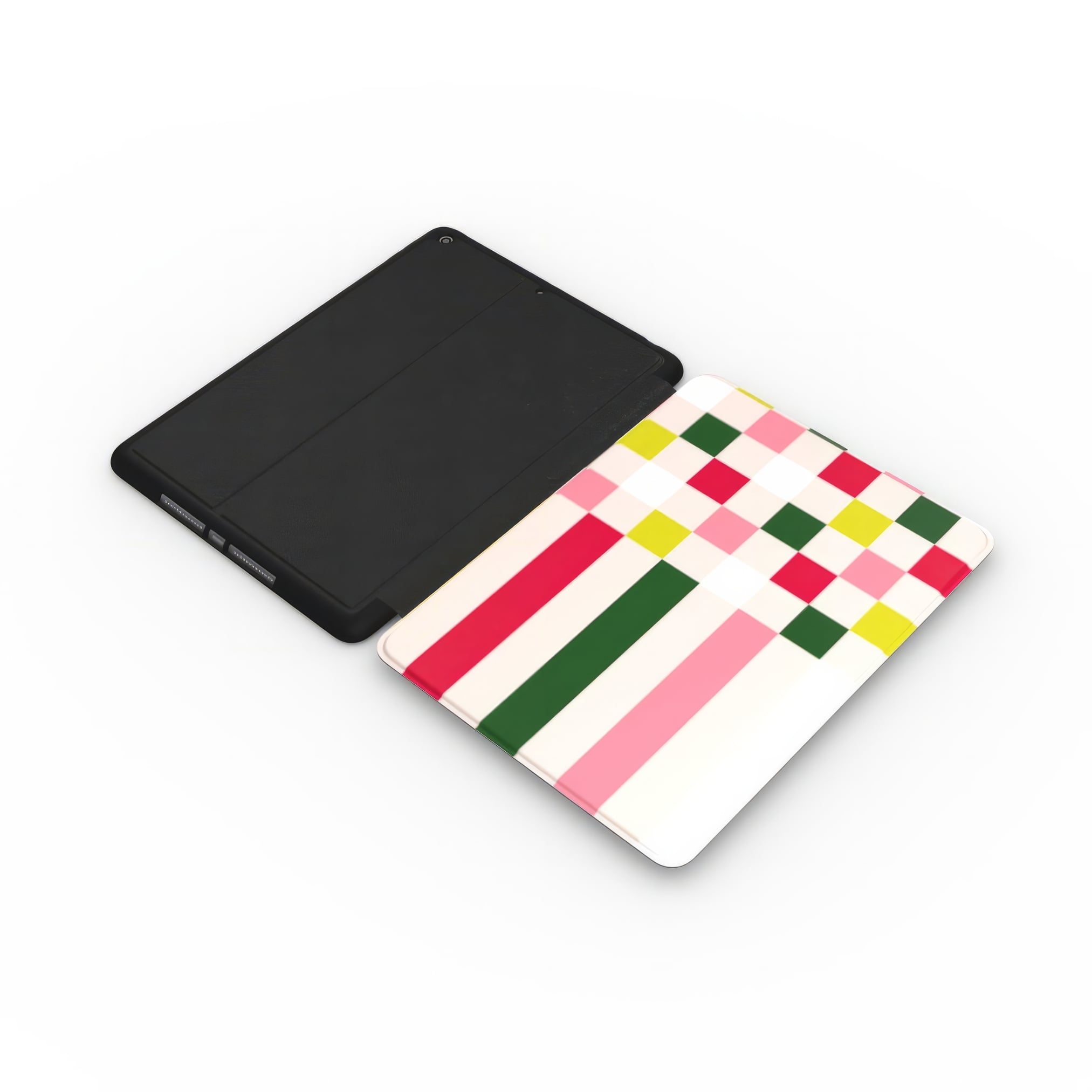 iPad case Pixel Grid 1 pattern design with a bold color blocks in pixel and stripes modern style, featuring an elegant and expressive aesthetic design. Main colors are rich red, pink yellow and green. Extend view.