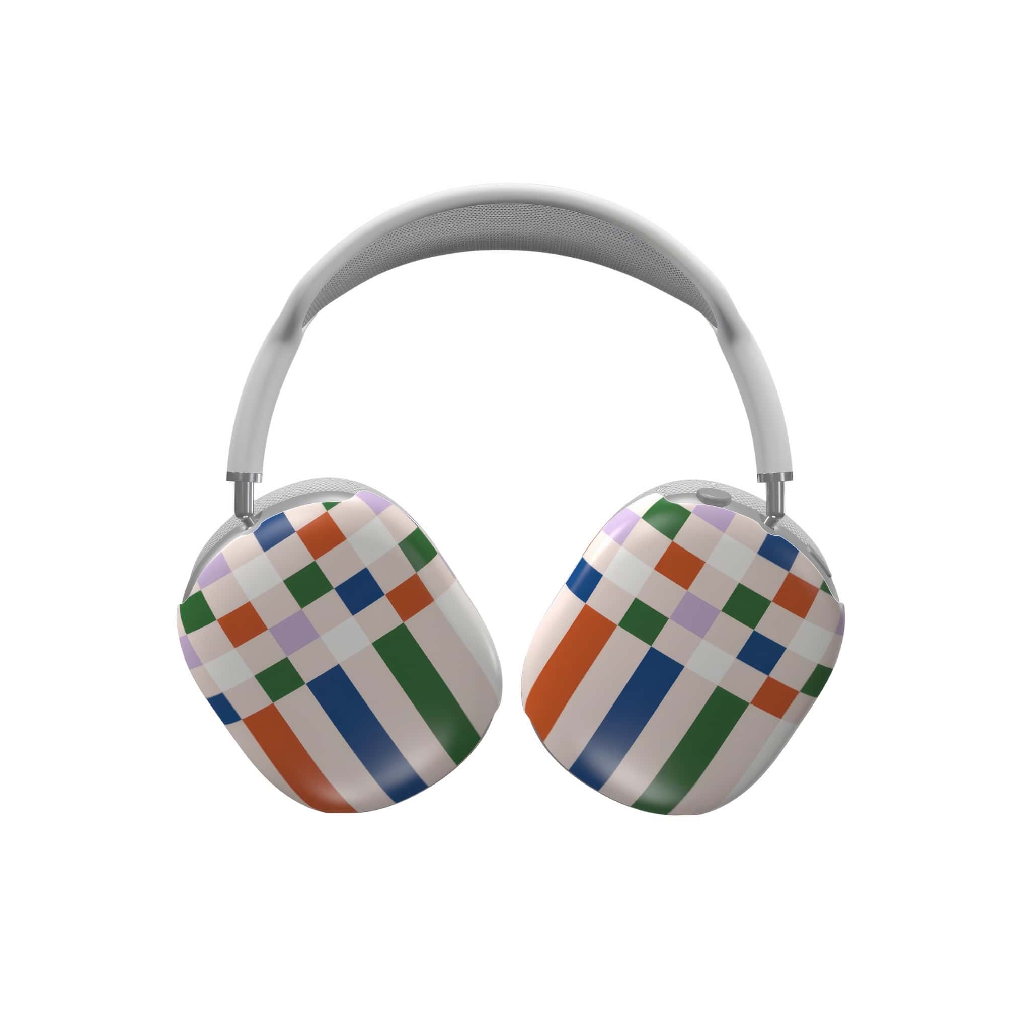 AirPods Max case Pixel Grid 2 pattern design with a bold color blocks in pixel and stripes modern style, featuring an elegant and expressive aesthetic design. Main colors are rich orange, blue, lilac and green. Front view.