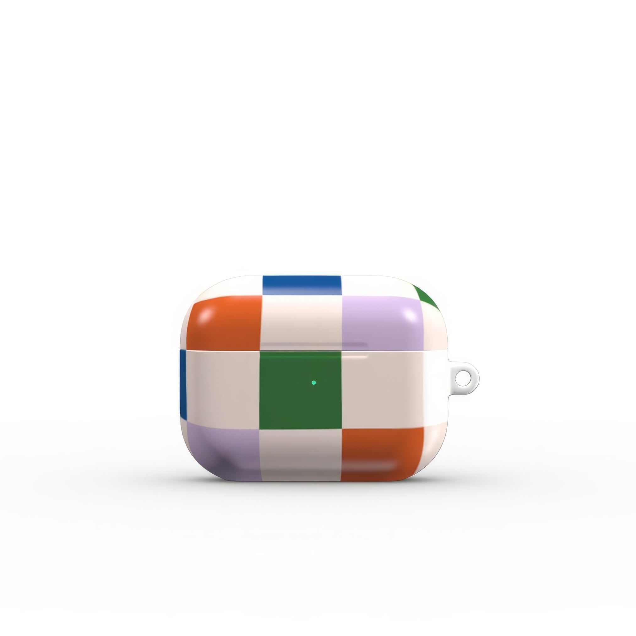 AirPods Pro case Pixel Grid 2 pattern design with a bold color blocks in pixel and stripes modern style, featuring an elegant and expressive aesthetic design. Main colors are rich orange, blue, lilac and green. Front view.