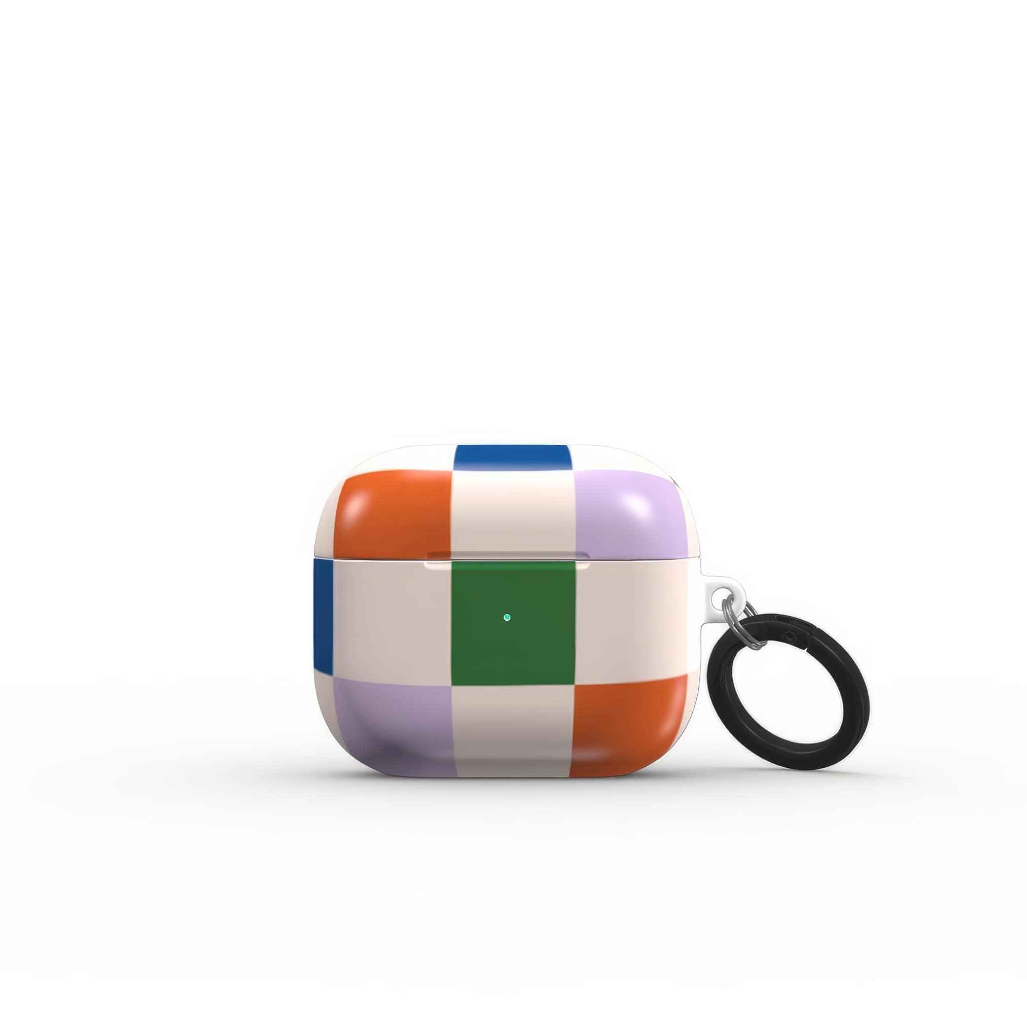 AirPods 3 case Pixel Grid 2 pattern design with a bold color blocks in pixel and stripes modern style, featuring an elegant and expressive aesthetic design. Main colors are rich orange, blue, lilac and green. Front closed view.