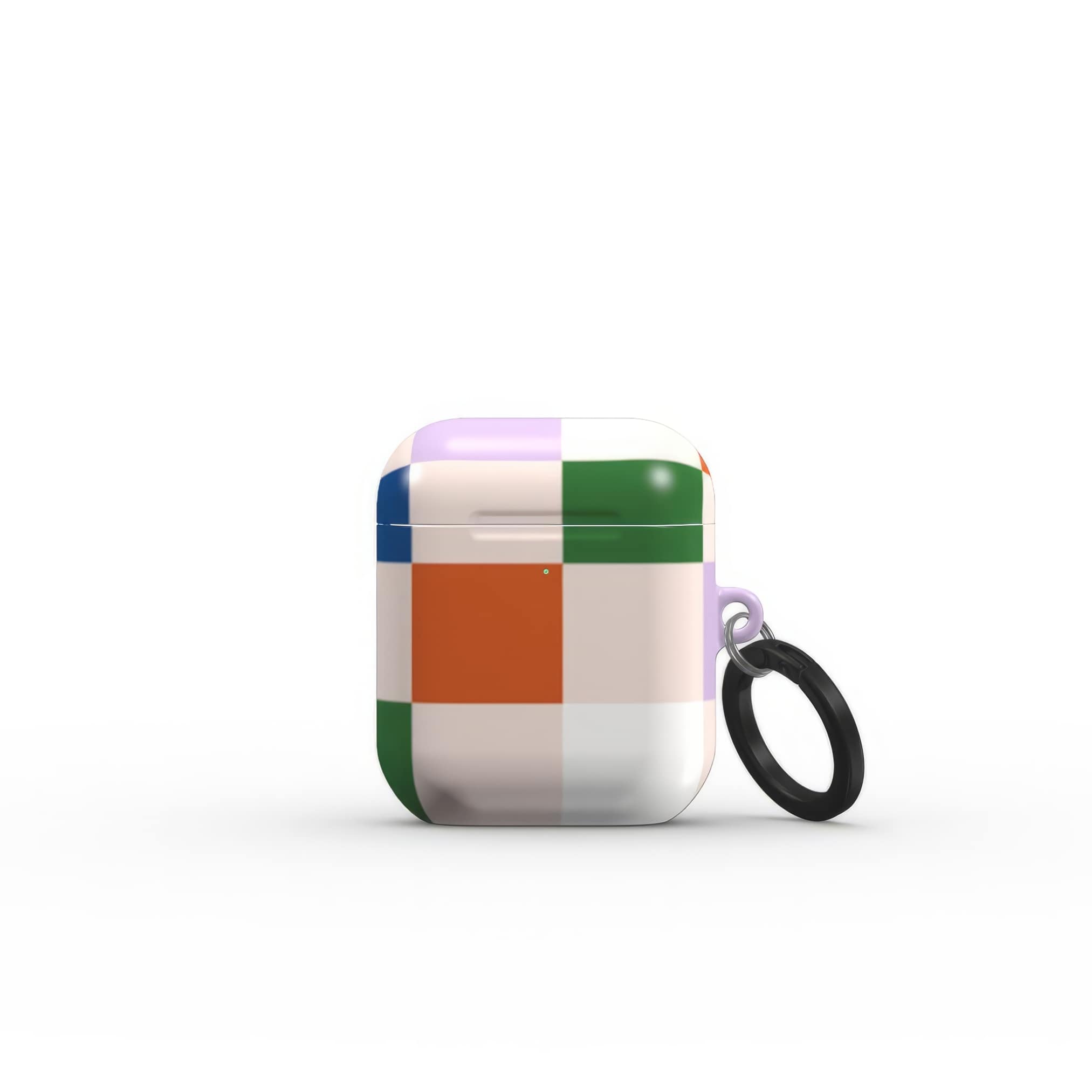 AirPods 1 and 2 case Pixel Grid 2 pattern design with a bold color blocks in pixel and stripes modern style, featuring an elegant and expressive aesthetic design. Main colors are rich orange, blue, lilac and green. Front view.