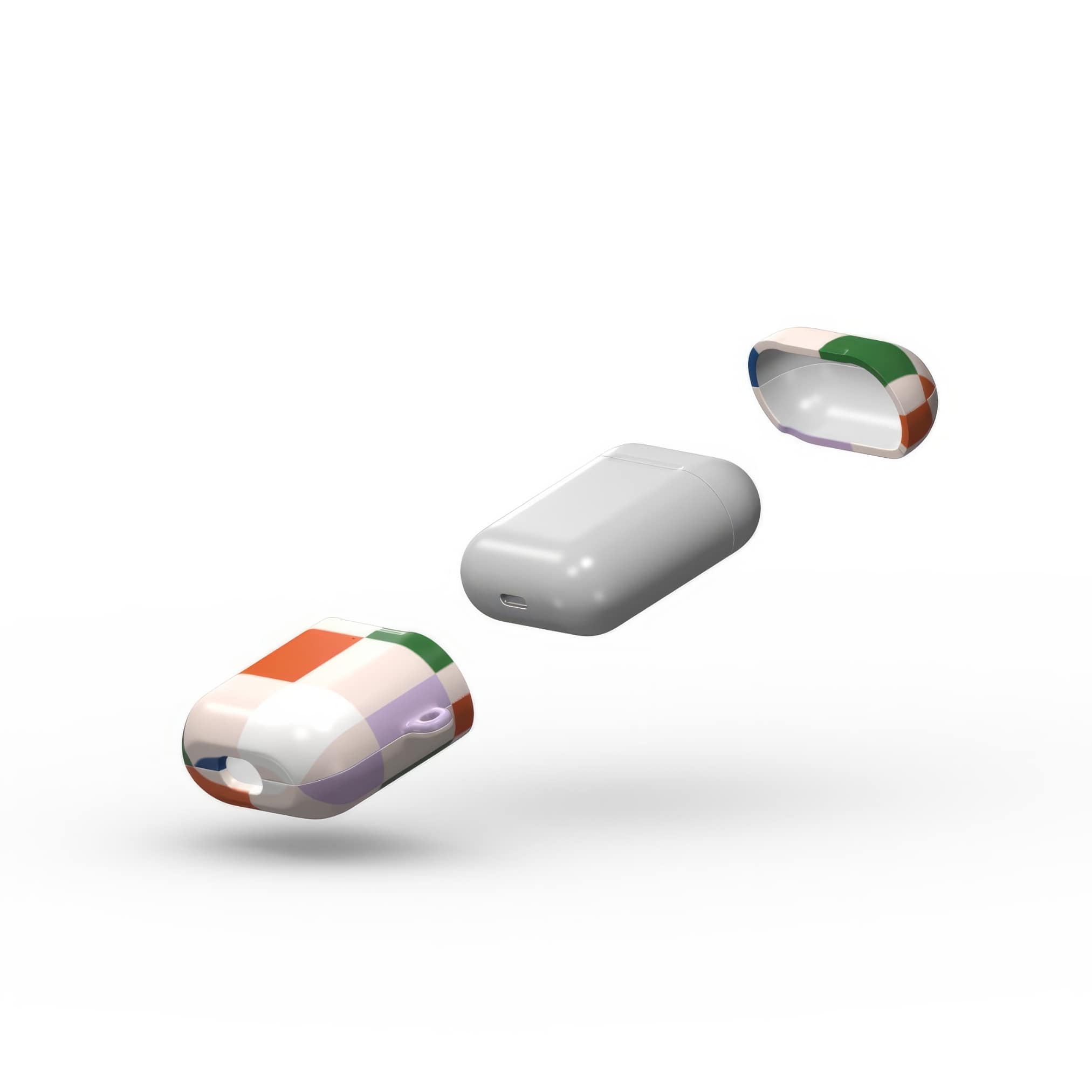 AirPods 1 and 2 case Pixel Grid 2 pattern design with a bold color blocks in pixel and stripes modern style, featuring an elegant and expressive aesthetic design. Main colors are rich orange, blue, lilac and green. Extend view.