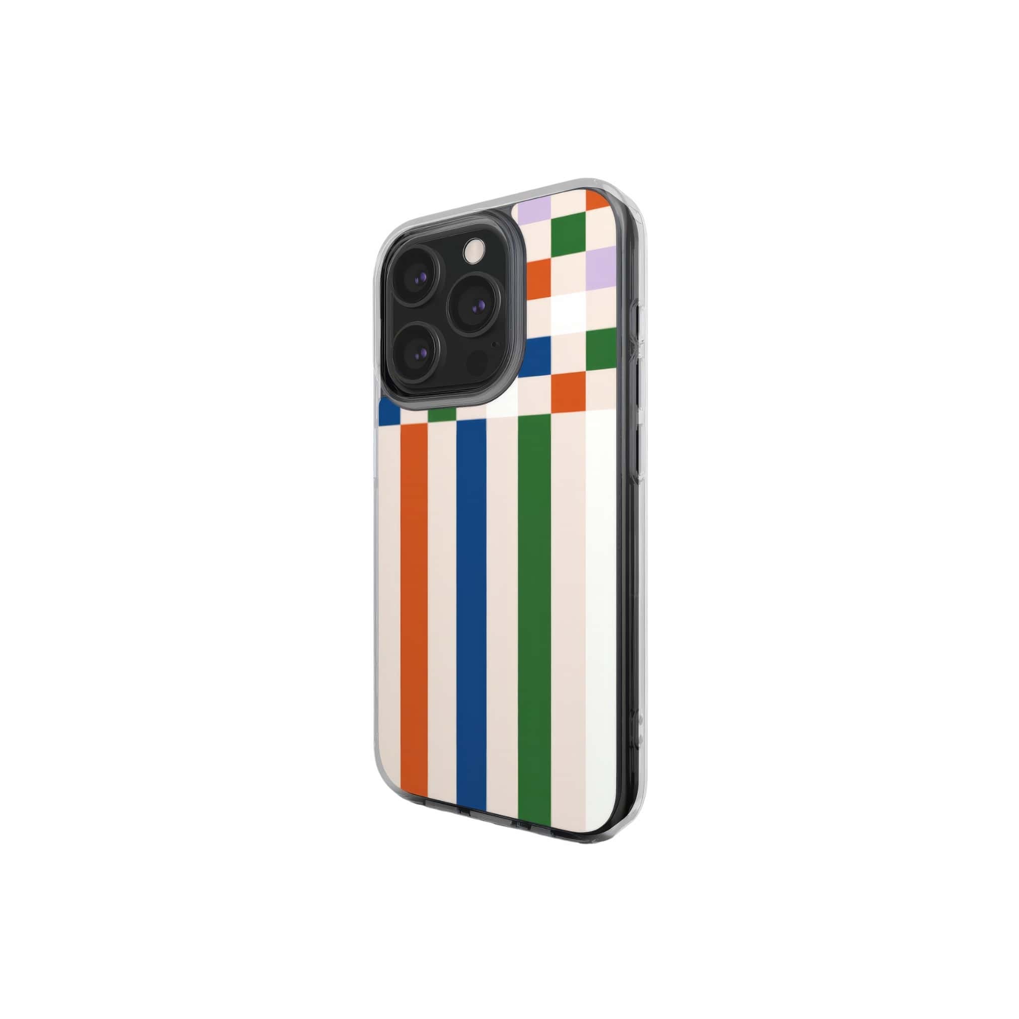 Clear phone case Pixel Grid 2 pattern design with a bold color blocks in pixel and stripes modern style, featuring an elegant and expressive aesthetic design. Main colors are rich orange, blue, lilac and green. Side view.